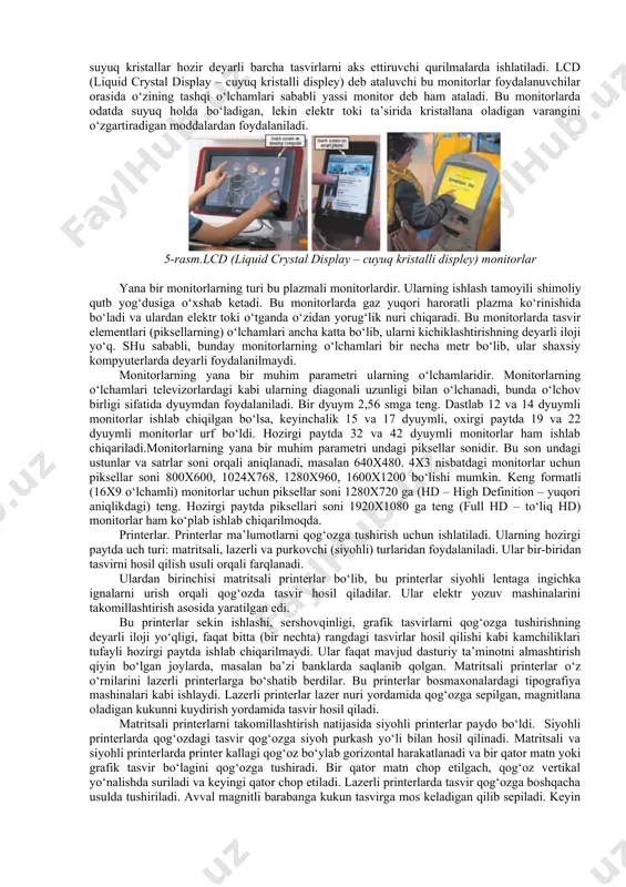 oydalanilar edi. blue ray disklarining hajmi 25 gb – 100 gb bo‘lib, ulardan dvd standartidan ham yuqori sifatli hd (high definition – yuqori aniqlikdagi) va full hd – to‘liq yuqori aniqlik standartidagi tele ko‘rsatuvlar va video materiallarni saqlash uchun foydalaniladi. hd standartida har bir kadr1280x720, full hd da 1920x1080 o‘lchamga ega bo‘ladi. flesh xotiralar. flesh xotira (flash memory – bir zumda (ko‘z yumib ochguncha) o‘qiydigan xotira) deb elektron mikrosxemalar ko‘rinishidagi, elektr ta’minotidan uzilganda ham o‘zidagi ma’lumotlarni saqlab qola oladigan va kompyuterga usb shina orqali ulanadigan tashqi xotiraga aytiladi. flesh xotiralar dastlab raqamli foto va video kameralarda qo‘shimcha xotira sifatida qo‘llanilgan. oradan bir necha yil o‘tib, 2001 yilda ular usb shina orqali ulanadigan shaklda sotuvga chiqarildi. ularning sig‘imi avval 1, 2, 4 yoki 8 mb bo‘lgan bo‘lsa, hozirgi kunda 2, 4, 8, 16, 32,64,128 gb sig‘imli flesh xotiralar ishlab chiqilmoqda. flesh xotiralarning yana bir muhim parametri bu ularning ma’lumotlarni o‘qish va …