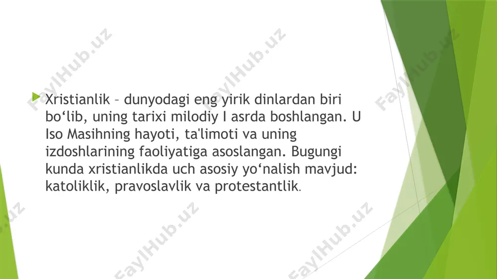 yomat – xristianlar iso masih qaytib kelishiga va oxirgi hukm bo‘lishiga ishonishadi. 5. sevgi va kechirim – iso masih sevgi va kechirimni ta’lim bergan, xristianlikning asosiy axloqiy qadriyatlari shular hisoblanadi. bugungi kunda xristianlik dunyoning ko‘plab mamlakatlarida yoyilgan bo‘lib, uning turli oqimlari mavjud. uning ta’siri tarix, madaniyat va falsafaga katta ta’sir ko‘rsatgan.