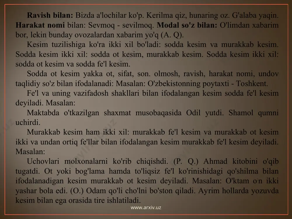 seni vatan kutadi. (g'.g'.) botirlari kanal qazadi.(h.o.) www.arxiv.uz www.arxiv.uz vositali to'ldiruvchi. bosh, qaratqich tushum kelishiklaridan boshqa kelishiklardagi va ko'makchili so'zlar bilan ifodalangan to'ldiruvchi vositali to'ldiruvchi deyiladi. masalan: boshimdan o'tganini o'zim bilaman. shodlik yo'lga boshladi meni, baxtiyorlik bo'ldi odatim. (h.o.) maydon o'zining ko'rkamligi va ulug'vorligi bilan butun shaharga hush kiritgan edi. (p. q.) vositali tuldiruvchi kimga? nimaga? kimdan? nimadan? kimda?nimada? kim bilan? nima bilan? kim haqida? nima haqida? kabi so'roqlardan biriga javob beradi. masalan: do’st bilan obod uying. gar bo'lsa u vayrona ham. (e. v.) mehmonlarga har nav shirinliklar, pista, bodom, quruq mevalar tortildi. (0.) aniqlovchi va uning ifodalanishi predmetning turli belgilarini, bir predmetning ikkinchi predmetga qarashli ekanligini bildiruvchi ikkinchi darajali bo'lak aniqlovchi deyiladi. aniqlovchi qanday? qanaqa? qaysi? qancha? kimning? nimaning? qayerning? kabi so'roqlaridan biriga javob beradi. masalan: oq, sariq. qizil, rang-barang chirmoviqlar, tikanli gullaming hammasi shudring bilan top-toza yuvilgan. (o.yo.) aniqlovchi asosan, otga bog'lamb keladi. aniqlovchi qanday ma'noni ifodalashiga ko'ra …