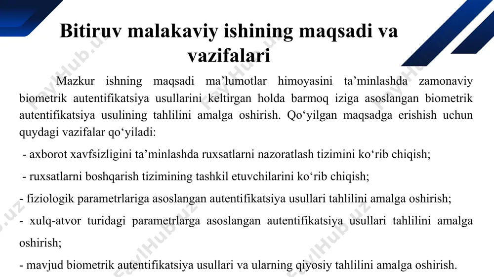 avjud: - optik nurlar orqali barmoq izini olish (ftir ya’ni optik qurilmalar); - yarim o‘tkazgichlar orqali(termoskanerlar); - ultratovushlar. 11 barmoq izi bo‘yicha identifikatsiyalash barmoq izi shakli: halqa (loops), aylana (whorls), va arkali (arches) lar asosida; bu xususiyatlardan nuqtalar aniqlanadi. 12 barmoq izi bo‘yicha identifikatsiyalash 13 barmoq izini skanerlash apparat qurilmasi 14 barmoq izi mustaqil kirish nazorati x.660 (fsac) qurilmasi asosida tashkil etiladi. qurilma xarakteristikalari: material: abs yuqori sifatli material; barmoq izi sig'imi: 1000; rfid karta sig'imi: 1000; ishlash chastotasi: 125 khz; ruxsat: 450 dpi; identifikatsiya vaqti: <1s; far: <0,0001%; frr: <0,01%; 15 barmoq izi mustaqil kirish nazorati x.660 (fsac) qurilmasi asosida tashkil etiladi. kartani o'qish masofasi: 0-10cm; o‘rnatilgan kartani o'quvchi: em yoki em mos keladi; identifikatsiya usuli: barmoq izi, rfid karta; eshik qo'ng'irog'i tugmasi: simli eshik qo'ng'irog'ini qo'llab-quvvatlash; wiegand signali: wg26 kirish/chiqish; boshqaruv kartasini o'rnatishi mumkin: ha; ishlash kuchlanishi: dc 12v; ish oqimi: ≤ 100ma; ishlash harorati: -0 ° c …