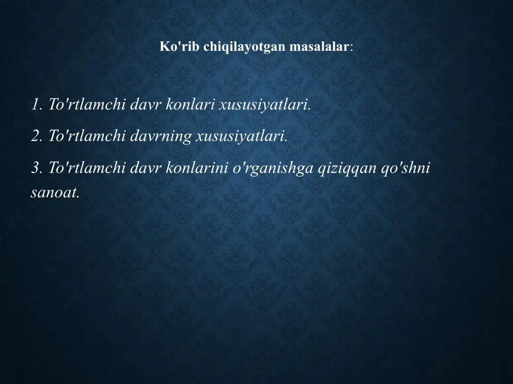 19. bo'shashgan, erkin oqadigan va kam sementlangan; 20. suv, suyuqlik bilan to'yingan holda, susayadigan joylarda gözenekli, oson eriydi; 21. ko'p turli xil minerallarni o'z ichiga oladi; 22. depozitlarning genetik turlari rivojlanish zonasi; 23. cho'kindilarning vertikal qismlarini uzluksiz shakllantirish; 24. fazoviy kuzatuvning murakkabligi; 25. katta amaliy imkoniyatlar; 26. milliy iqtisodiyot uchun katta ahamiyatga ega. 27. mintaqaviy va mintaqalararo o'zaro bog'liqlikning murakkabligi; 1. depozitlarning haddan tashqari yoshligi. to'rtlamchi davr - bu yerning geologik rivojlanishining eng yuqori, to'liqsiz, hozir davom etayotgan bosqichi, mos ravishda erning rivojlanishi va yotqiziqlar hosil bo'lishining eng yosh bosqichi. to'rtlamchi davrning yoshi 2,5 million yil. 2. to'rtlamchi davr yotqiziqlarining hamma joyda tarqalishi. to‘rtlamchi davr yotqiziqlari turli relyef shakllarini qamrab oladi. yiqilish, tashish va to'planish omillariga qarab, konlarning turli xil genetik turlari ajratiladi, masalan: denudatsiya, tortishish kuchi, ablasyon, aşınma, eroziya, sufuziya, antropogen va boshqalar. 3. cho'kindilarning gorizontal yotqizilishi yoki ularning sirt qiyaligi bo'ylab paydo bo'lishi. dengizlar, okeanlar, ko'llar tubida, tekislikda, …