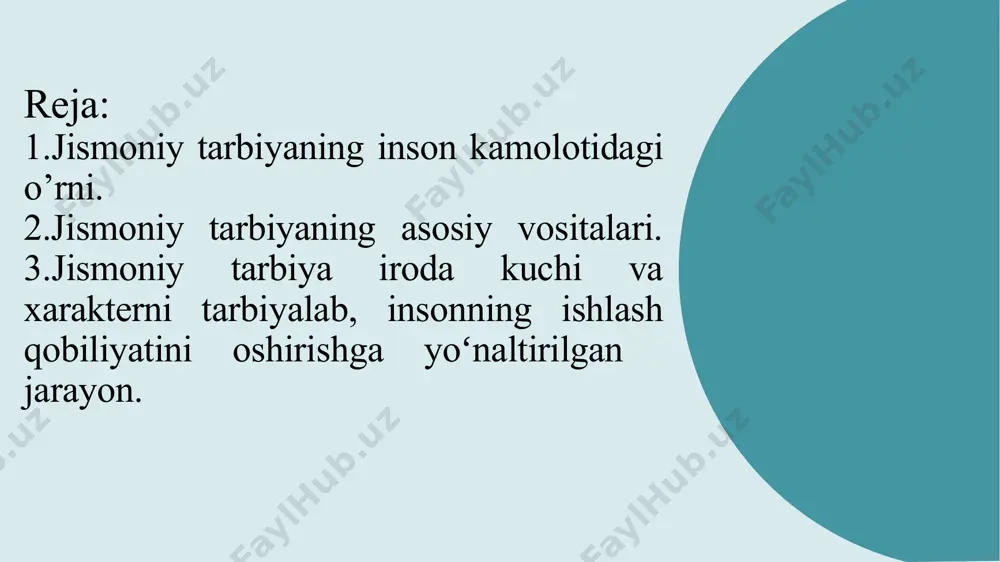 i o‘rgatish, ya’ni o‘z sog‘lig‘iga ongli munosabatda bo‘lishni shakllantirish orqali ularni gigiyena qoidalariga amal qilishni va ertalabki gimnastika qilishga odatlantirish hamda doimiy ravishda sport mashg'ulotlariga qatnashishini tarkib toptirish. jismoniy madaniyat tushunchasi - bu ancha keng tushuncha bo‘lib, u jismoniy tarbiya va jismoniy rivojlanish hamda ma’naviy takomillashuvlarning uyg‘unlashgan ko‘rinishidir. abu ali ibn sino sog‘liqni saqlashda yettita narsaga e’tibor berishni tavsiya etadi: •fe’l-atvorni yaxshilash; •narsalarni tanlab yeb-ichish; •gavdani chiqindidan tozalash; • badanning to‘g‘ri tuzilishini saqlash; • toza havodan nafas olish; • mos kiyim tanlash; •jismoniy va ruhiy harakatlarni mo‘tadil qilish. 5 b.t.lixachev jismoniy tarbiyaning quyidagi vazifalarini ajratib ko’rsatadi: 6 1) rivojlantiruvchi – bolalarning jismoniy kuchini va nerv tizimini takomillashtirish, o’zgaruvchan vaziyatlarga moslashuvini ta’minlash; 2) tarbiyaviy – bolalarda ma’naviy-axloqiy sifatlarning tarkibiy topishiga erishish. boshqacha aytganda, “sog’lom tanda – sog’ aql”; 3) ta’limiy – bolalarning jismoniy madaniyatning nazariy asoslari bilan tanishtirish, uning inson hayotidagi ahamiyatini tushunib yetish; 4) sog’lomlashtiruvchi – bolalarda harakatga doir sifatlarni …