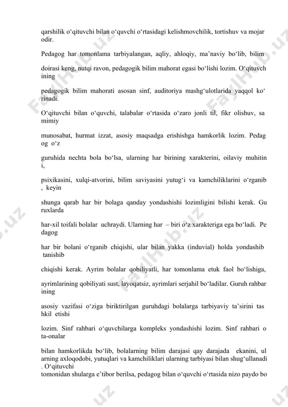rining qobiliyati sust, layoqatsiz, ayrimlari serjahil bo‘ladilar. guruh rahbarining asosiy vazifasi o‘ziga biriktirilgan guruhdagi bolalarga tarbiyaviy ta’sirini tashkil etishi lozim. sinf rahbari o‘quvchilarga kompleks yondashishi lozim. sinf rahbari ota-onalar bilan hamkorlikda bo‘lib, bolalarning bilim darajasi qay darajada ekanini, ularning axloqodobi, yutuqlari va kamchiliklari ularning tarbiyasi bilan shug‘ullanadi. o‘qituvchi tomonidan shularga e’tibor berilsa, pedagog bilan o‘quvchi o‘rtasida nizo paydo bo‘lishni bartaraf etadi. o‘quvchi-bilan o‘qituvchi o‘rtasida kontakt ya’ni masofa bo‘lishi lozim. o‘quvchi o‘qituvchisiga nisbatan hurmat, ehtiromli bo‘lishi, kerak. nizo fani, pedagogika, psixoliya, va mologiya, ma’naviyat va sotsiologiya fanlari bilan chambarchas bog‘liqdir va shu fanlar bilan birgalikda hamkorlikda ish olib boradi. o‘quvchilarni har tomonlama tarbiyalaydi. nizo fani shu fanlar bilan birgalikda o‘qituvchi bilan o‘quvchi o‘rtasida munosabatlarni, muomila odobi, bir-birini tushunish, o‘qituvchi bilan o‘quvchi o‘rtasidagi xurmat, izzat, nizolarni bartaraf etish ko‘nikmalarini o‘rgatadi. pedagogik nizo fani sifatida avvalom bor o‘qituvchining kasbiy-ahloqiy fazilatlaridan biri talabchan va adolatli bo‘lishdir. o‘qituvchi avvolo o‘ziga nisbatan talabchan bo‘lmog‘i kerak, shundagina …