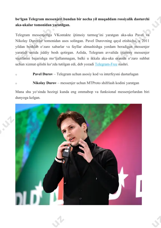 ishlaydigan ilovasi, oradan biroz muddat o‘tgandan keyin android versiya va pk dasturi chiqariladi. vaqt o‘tgan sari messenjerga juda ko‘p foydali funksiyalar qo‘shilib bordi: · matn va grafik fayllarni almashish; · bir yarim gigabaytgacha bo‘lgan fayllar yuborish; · niklar orqali qidirish (2014 yil) · stikerlar (2015 yil) · iki tomonlama shifrlangan xabarlar; · botlar (2015 yil, muayyan funksiyalarni bajarishga mo‘ljallangan) · telegraph platformasi (2016 yil) · yuborilgan xabarlarni tahrirlash (2016 yil) · yuborilgan xabarlarni suhbatdosh ko‘rmasligi uchun o‘chirish (2017 yil) · mavzular (hozircha faqat desktop versiyada) garchi messenjer avvalida ikkita dasturchi tomonidan yaratgan bo‘lsa-da, ayni paytda ko‘plab o‘z ishining ustasi bo‘lgan mutaxassislar ushbu servis ustida ish olib boradilar telegram messenjerining asosiy xodimlarimessenjer ishga tushirilganidan keyin oradan bir necha oy o‘tib, uning foydalanuvchilari soni 1 millionga yetadi. bundan roppa-rosa bir yid muqaddam, 2016 yilning fevral oyida messenjer foydalanuvchilari soni 100 mln nafardan ortgani haqida pavel durov ma’lumot bergan edi. 2015 yilning sentyabr …