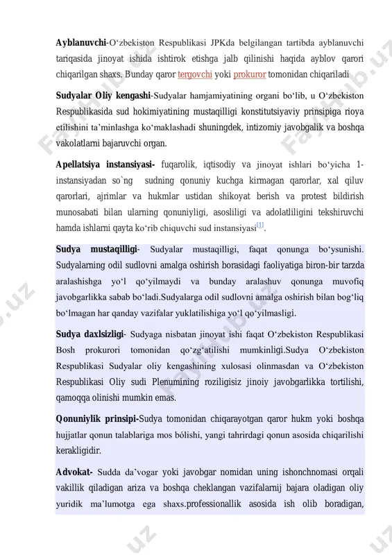 nosabati bilan ularning qonuniyligi, asosliligi va adolatliligini tekshiruvchi hamda ishlarni qayta koʻrib chiquvchi sud instansiyasi [1] . sudya mustaqilligi- sudyalar mustaqilligi, faqat qonunga bo„ysunishi. sudyalarning odil sudlovni amalga oshirish borasidagi faoliyatiga biron-bir tarzda aralashishga yo„l qo„yilmaydi va bunday aralashuv qonunga muvofiq javobgarlikka sabab bo„ladi.sudyalarga odil sudlovni amalga oshirish bilan bog„liq bo„lmagan har qanday vazifalar yuklatilishiga yo„l qo„yilmasligi. sudya daxlsizligi- sudyaga nisbatan jinoyat ishi faqat o„zbekiston respublikasi bosh prokurori tomonidan qo„zg„atilishi mumkinligi.sudya o„zbekiston respublikasi sudyalar oliy kengashining xulosasi olinmasdan va o„zbekiston respublikasi oliy sudi plenumining roziligisiz jinoiy javobgarlikka tortilishi, qamoqqa olinishi mumkin emas. qonuniylik prinsipi-sudya tomonidan chiqarayotgan qaror hukm yoki boshqa hujjatlar qonun talablariga mos bólishi, yangi tahrirdagi qonun asosida chiqarilishi kerakligidir. advokat- sudda da‟vogar yoki javobgar nomidan uning ishonchnomasi orqali vakillik qiladigan ariza va boshqa cheklangan vazifalarnij bajara oladigan oliy yuridik ma‟lumotga ega shaxs.professionallik asosida ish olib boradigan, https://uz.wikipedia.org/w/index.php?title=tergovchi&action=edit&redlink=1 https://uz.wikipedia.org/w/index.php?title=prokuror&action=edit&redlink=1 https://uz.wikipedia.org/wiki/apellyatsiya_instansiyasi#cite_note-1 advokatlik litsenziyasi va guvohnomasi bilan ishni olib boradigan, order …