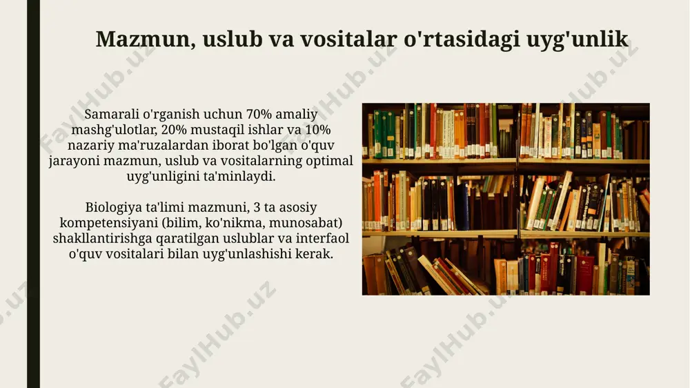 ositalarining samaradorligi, o'quvchilarning 70% dan ortig'i amaliy mashg'ulotlar orqali bilim olishini hisobga olgan holda, interfaol o'yinlar va laboratoriya ishlarini qo'llash bilan ta'minlanishi kerak. ta'limning turli shakllari va ularning o'zaro bog'liqligi ta'limning 3 ta asosiy shakli – frontal, guruhli va individual – o'quv jarayonining samaradorligini oshirish uchun bir-biri bilan chambarchas bog'liq bo'lib, turli o'quv vazifalarini bajarishga imkon beradi. interaktiv ta'lim usullari (masalan, munozara, loyiha ishlari) bilan an'anaviy usullarni (ma'ruza, mustaqil ish) 2:1 nisbatida qo'llash o'quvchilarning faol ishtirokini ta'minlaydi va bilimlarni mustahkamlashga yordam beradi. davlat ta'lim standartlari va biologiya ta'limi mazmunining uyg'unligi davlat ta'lim standartlarining 1-11-sinflar biologiya fanining o'quv dasturi bilan mosligi 90% dan yuqori bo'lishi kerak, aks holda o'quv jarayonining samaradorligi pasayadi. standartlarga muvofiq, biologiya fanidan 30% amaliy mashg'ulotlarga ajratilishi, laboratoriya ishlari va loyihalar soni 15-20 tadan kam bo'lmasligi talab etiladi. zamonaviy texnologiyalar va biologiya ta'limi uyg'unligi zamonaviy texnologiyalar, masalan, 3d modellashtirish va vr/ar texnologiyalari, biologiya darslarini 20% ga yanada interaktiv …