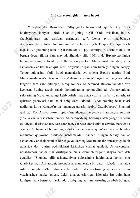 kechalarni tashkil qilib o’zi ham bularda ishtirok etgan va oid asarlar ham yozib qoldirgan. shundan kelib chiqib aytish mumkunki, ashtarxoniylar o’z hukmronligi davrida buxoro xonligi tarixida o’zlaridan ma’naviy me’ros qoldira olganlar. xonlar, ular bilan bir qatorda yuqori lavozimdagi amaldorlar ham ma’naviy hayot yaxshilanishiga o’z hissalarini qo’sha oldilar. bu davrda ko’plab masjid-u madrasalar, bir qancha hovuzlar, karvonsaroylar bunyod etildi. butun dunyoga mashhur samarqanddagi registon ansambili ham aynan shu davrda, bir qancha vaqt otaliq lavozimida ishlagan yalangto’sh bahodir tomonidan hozirgi holatga keltirilgan. ashtarxoniylar davrida xonlikning tashqi siyosat qamrovi bir muncha kengayib, xonliklar bu davrda sharqda hindistondan g’arbda usmonli turklar davlatiga qadar mamlakatlar bilan diplomatik aloqalarni yo’lga qo’yganlar. mamlakatalarbilan tashqi aloqalar olib borishda mamlakat hukmdorlari bo’lgan xonlarning diplomatic qobiliyati, keng dunyoqarashi, asosiy omillardan biri bo’lib xizmat qilgan. bu davrda eng ko’p elchilik aloqalari rossiyada hukmronlik qilgan romonovlar sulolasi va hindistonda hukmronlik qilgan boburiylar sulolasi bilan bo’lgan bo’lsa, qo’shni davlatlardan qozoq juzlari va eron …