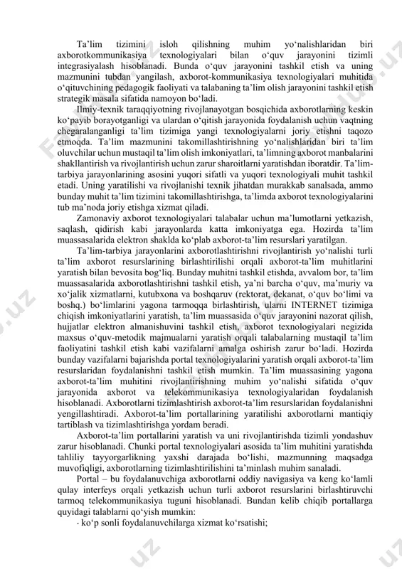 ar kiradi: aniq o‘quv fanining o‘ziga xos xususiyatlarini hisobga olish, ma’lum bir faning o‘ziga xosligini hisobga olish, axborotni zamonaviy metodlari o‘zaro bog‘liqliligi, o‘zaro aloqadorliligi, turlitumanligi, amalga oshirilishi. psixologik talablarga idrok etish (verbal-mantiqiy, sensor-perseptiv), tafakkur (tushunchaviy-nazariy, ko‘rgazmali-amaliy), diqqati (qat’iyliligi, boshqaga ko‘chishi), motivasiya (ishlashda faol shakllari, yuqori darajada ko‘rgazmaliliq o‘z vaqtida qayta aloqa yordamida o‘quvchilarning yuqori darajadagi motivasiyalarini doimiy ravishda rag‘batlantirish), xotira, tasavvuri, yoshi va individual psixologik xususiyatlarini hisobga olish (egallagan bilim, ko‘nikma va malakalarini hisobga olib, o‘quv fani mazmuni hamda o‘quv masalalari murakkablik darajasi o‘quvchilarning yosh imkoniyatlari va individual xususiyatlariga mos kelishi, o‘quv materialini o‘zlashtirishda ortiqcha his’hayajonli, asabiy, aqliy yuklamalardan ta’sirlanishdan himoyalash) kiradi. texnik talablarga zamonaviy universal shaxsiy kompyuterlar, tashqi qurilmalari, test o‘tkaziladigan manbalar kiradi. tarmoq talablariga «mijoz-server» arxitekturasi, internet-navigatorlar, tarmoq operasion tizimlari, telekommunikasiya, boshqaruv vositalari (o‘qitish jarayonini individual va jamoaviy ishlari, tashqi qayta aloqa) kiradi. estetik talablarga quyidagilar kiradi: tartiblilik va ifodalilik (elementlari, joylashishi, o‘lchami, rangi), bezashning funksional vazifasi va …