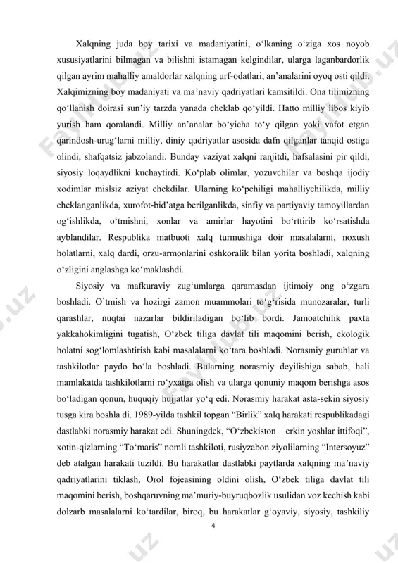 harakati respublikadagi dastlabki norasmiy harakat edi. shuningdek, “o‘zbekiston erkin yoshlar ittifoqi”, xotin-qizlarning “to‘maris” nomli tashkiloti, rusiyzabon ziyolilarning “intersoyuz” deb atalgan harakati tuzildi. bu harakatlar dastlabki paytlarda xalqning ma’naviy qadriyatlarini tiklash, orol fojeasining oldini olish, o‘zbek tiliga davlat tili maqomini berish, boshqaruvning ma’muriy-buyruqbozlik usulidan voz kechish kabi dolzarb masalalarni ko‘tardilar, biroq, bu harakatlar g‘oyaviy, siyosiy, tashkiliy jihatdan yetarli darajada uyusha olmadi. “birlik” xalq harakati rahbarlari mamlakat manfaatlari dan kelib chiqadigan dasturlar ishlab chiqish va aniq maqsadlarni amalga oshiriash yo‘lida siyosiy kurash olib borish o‘rniga namoyishlar va mitinglar uyushtirish, ko‘cha va maydonlarga to‘plangan olomonda ehtiroslarni avj oldirish bilan shug‘ullandi. oqibatda “birlik” bo‘linib ketdi. 1990-yil boshlarida “birlik” harakati faollarining muhammad solih boshliq bir guruhi siyosiy partiya tuzishga kirishdilar. 1990-yil 30-aprelda “erk” demokratik partiyasining ta’sis qurultoyi bo‘lib o‘tdi. qurultoy “erk”partiyasi tuzilganligi haqida qaror qabul qildi, partiyaning dasturi va nizomi qabul qilindi. biroq “erk” partiyasi rahbarlari jamiyatni yangilash uchun bir tuzumdan ikkinchi tuzumga o‘tish zaruriyatini, …