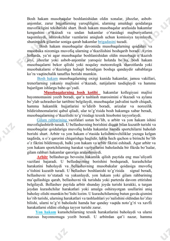 jamoa va jamoa musobakalarida sinov tizimi belgilanadi. egallangan o’rinlar uchun ochkolarni berish jadvali tavsiya qilinadi. 1.5. talabnomalarni berish muddatlari va tartibi dastlabki talabnomalarni berish muddatlari, shuningdek oxirgi talabnomalarni berishning aniq muddati belgilanadi. shuningdek mandat komissiyasiga takdim etish uchun zarur bo’lgan hujjatlar ro’yxati ko’rsatiladi. 1.6. ishtirokch’ilar va hakamlarni qabul qilish shartlari ushbu bo’limda kelish vaqti, joylashtirish, ovqatlanish tartibi, sportch’ilarning etib kelish muddati aytib o’tiladi, shuningdek moliyaviy xarajatlar kimning hisobidan bo’lishi ko’rsatiladi. 1.7. g’oliblarni taqdirlash bu bo’limda mukofotlar sanab o’tiladi: musobaqalar ishtirokchilari, jamoalar, shuningdek ularni tayyorlagan trenerlar qaysi o’rin uchun hamda nima bilan taqdirlanishlari ko’rsatiladi. mukofotlarning maxsus turlari ko’rsatiladi, ya’ni eng yaxshi texnika uchun, g’alabaga bo’lgan irodasi uchun, tushe bilan ko’p marta g’alaba qozonganligi uchun. musobaqalar nizomlariga bulgan asosiy talablar quyidagilardan iborat: aniqlik, ravshanlik, muayyanlik va asosiy bandlarda tushunchalarning turli xilda talqin qilinishining bo’lmasligi. ushbu hujjat amaldagi qoidalarga asoslanib tuziladi va musobaqa o’tkazadigan tashkilot tomonidan tasdiklanadi. tasdiqlangandan so’ng u ishtirokchilar va hakamlar …