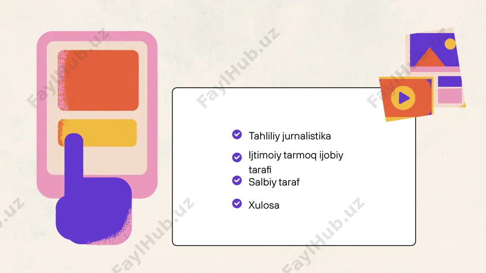 r (spotify, telegram podkast kanallari) kelajakda tahliliy jurnalistikani nima kutmoqda? 4. auditoriya bilan hamkorlik o‘quvchilar endi faqat iste’molchi emas – ular savol beradi, mavzular taklif qiladi, tahrirga ta’sir ko‘rsatadi. shu tariqa "jamoaviy tahlil" tendensiyasi paydo b o‘lmoqda. sun’iy intellektning rivojlanishi, ma’lumotlarni tahlil qilish vositalari va shaxsiylashtirilgan kontentlar ham jurnalistikaning yangi bosqichiga yo‘l ochmoqda. endi jurnalist nafaqat voqeani yorituvchi, balki uni chuqur tahlil qilib beruvchi, jamiyatda ijtimoiy ongni shakllantiruvchi mutaxassisga aylanishi lozim. sun'iy intellekt ijtimoiy tarmoqlar jurnalistikani o‘zgartirmoqda — bu inkor qilib bo‘lmaydigan haqiqat. ammo bu o‘zgarishlar ijobiy natija berishi yoki salbiy oqibatlarga olib kelishi bevosita jurnalistlarning yondashuviga bog‘liq. kelajakda kuchli jurnalistika — bu zamonaviy texnologiyalardan foydalana oladigan, ammo kasb axloqini unutmaydigan jurnalistika bo‘ladi. tahliliy jurnalistika yo‘qolmaydi – u moslashadi ijtimoiy tarmoqlar jurnalistikani o‘zgartirmoqda, lekin yo‘qotayotgani yo‘q. tahliliy jurnalistika ham shunchaki moslashmoqda – yangi formatlar, yangi auditoriyalar, yangi texnologiyalar orqali. uning asosiy vazifasi esa o‘zgarishsiz qolmoqda: haqiqatni aniqlash, tahlil qilish va …