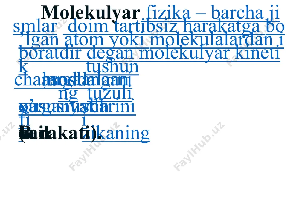 i bog’lanishi – ideal gazning holat tenglamasi deyiladi. klapeyron tenglamasi d.i.mendeleyev klapeyron tenglamasidagi o’zgarmas koeffisentni aniqlab quyidagi ifodani taklif qiladi. mendeleyev- klapeyron tenglamasi tizim parametrlaridan biri o’zgarmas bo’lganda, qolganlari o’zaro bog’lanish hosil qiladigan jarayonlar izojarayonlar deb ataladi. molekulyar fizikada 5 hil izojarayon o’rganiladi: 1)izotermik; 2)izobarik; 3)izoxorik; 4)adiabatik;5)politiropik jarayonlardir. politiropik jarayon yuqoridagi to’rtta jarayonlarning umumlashgan turi xisoblanadi. 1. boyl - mariott qonuni berilgan massali gaz uchun, temperatura o’zgarmas bo’lganda, gaz bosmining uning hajmiga ko’paytmasi o’zgarmas kattalikdir: m = const, t = const, pv = const, (p, v) tekislikdagi izotermalar: t3 > t2 > t1 2. gey - lyussak qonuni berilgan massali gaz hajmi, bosim o’zgarmas bo’lganda, temperaturaga bog’liq ravishda to’g’ri chiziq bo’yicha o’zgaradi. m = const, p = const v = v0(1+t), (v, t) tekislikdagi izobaralar. p3 > p2 > p1 3.sharl qonuni berilgan massali gaz bosimi, uning hajmi o’zgarmas bo’lganda, temperaturaga bog’liq ravishda to’g’ri chiziq bo’yicha o’zgaradi: m = const, …