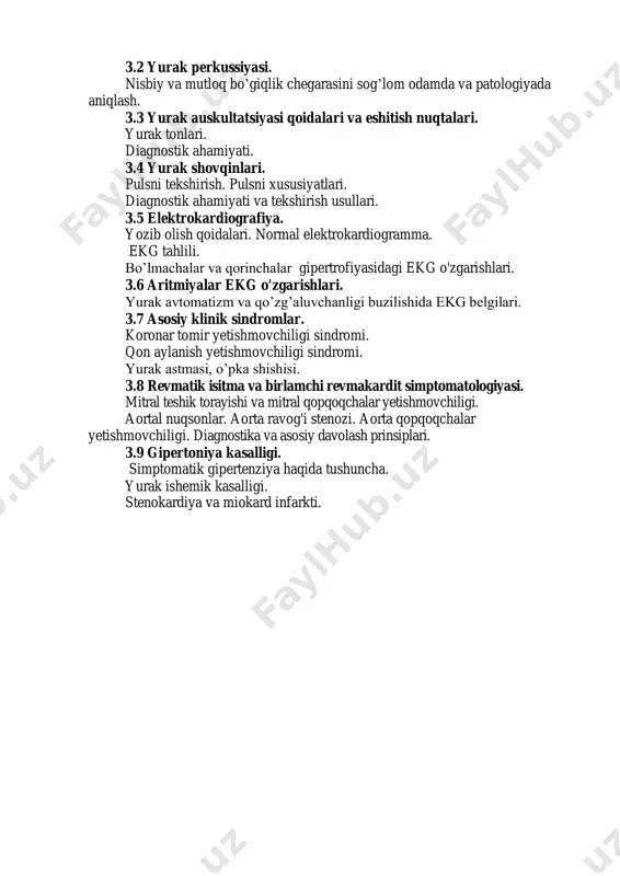 evtikasi fani o‘rganiladigan klinik fanga ilk qadam bo‘lib, u nafaqat yuqori kurslarda balki, butun shifokorlik faoliyati davrida ham zarur bo‘ladigan bilimlar majmuini o‘rgatadi. binobarin, uning asosiy vazifasi bo‘lg‘usi shifokorlarga bemorlami tekshirish usullari va yetakchi klinik belgilami anglashni, sindromal tashhis qo‘yishni, shifokorlik etikasi va deontologiyasini o‘rgatishdan iboratdir. insonlarda aniqlanadigan xastaliklami aksariyat qismini ichki kasalliklar tashkil etadi va u amaliy tibbiyotning asosi hisoblanadi. “sog‘liq” va “kasallik” iboralari to‘g‘risida tushuncha kasallik qanday holat ekanligini tushunish uchun awalambor, sog'liq iborasi nimani anglatishini yaxshi bilish lozim. “sog'liq” uchun quyidagi belgilar xos: • organizmning yaxlitligi (anatomik va funksional ya’ni shikastlanmagan); • organizmni tashqi muhit ta’sirlariga yaxshi moslashishi; • inson o‘zini yaxshi his qilishi (ammo bu belgi sub’yektiv bo‘lib eyforiya holati kasallik yo‘qligidan dalolat bermaydi). jahon sog‘liqni saqlash tashkiloti nizomiga muvofiq salomatlik deganda, nafaqat kasallikni bommasligi balki, to‘liq jismoniy, ruhiy va ijtimoiy barkamollik tushuniladi. shu o‘rinda jismoniy salomatlik deganda, organizmning mazkur vaqtdagi funksional imkoniyati nazarda tutiladi. ruhiy …