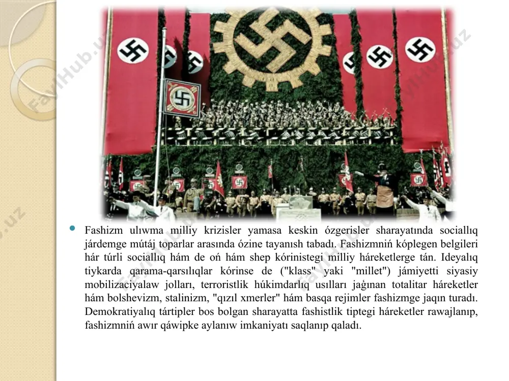 baylanıslardı ornatıwǵa qaratılgan edi. mussolini avtoritarizmi tek ishki siyasatta emes, al sirtqi siyasatta da agressiv, ekspansionistlik bagdarga iye boldi. bul, máselen, italiya tárepinen efiopiyanı 1935-jılı basıp alıwında óz kórinisin taptı. germaniyada fashizmniń eń ekstremal hám belgili túri - nacizm bolip, ol adolf gitler tárepinen 1933-jıldan 1945-jilģa shekem húkimdarlıq etken. nationalsozialistische deutsche arbeiterpartei (nsdap), yaǵnıy milliy socialistlik nemis jumisshi partiyası, nacizmniń tiykargı shólkemi edi. raschilik hám antisemitizm: nacizmniń tiykargı ideyası nemis rasasınıń ústinligin atap ótiw hám evreylerge qarsı shovinizmdi rawajlandırıw edi. giterdiń siyasatı evreylerdi, roma, slavyanlar hám basqa azshılıq toparların insaniyattan shetletiwdi óz ishine aldı, bul bolsa xolokostqa alıp keldi - yaǵnıy 6 million evreyiniń massalıq qırıp taslanıwına alıp keldi. paydalanilg’an adebiyatlar. 1. "the anatomy of fascism" — robert o. paxtontavsif 2. "fascism: a very short introduction" — kevin passmoretavsif 3. "the origins of totalitarianism" — hannah arendttavsif 4. "fascism: comparison and definition" — stanley g. 5. "the rise and fall …