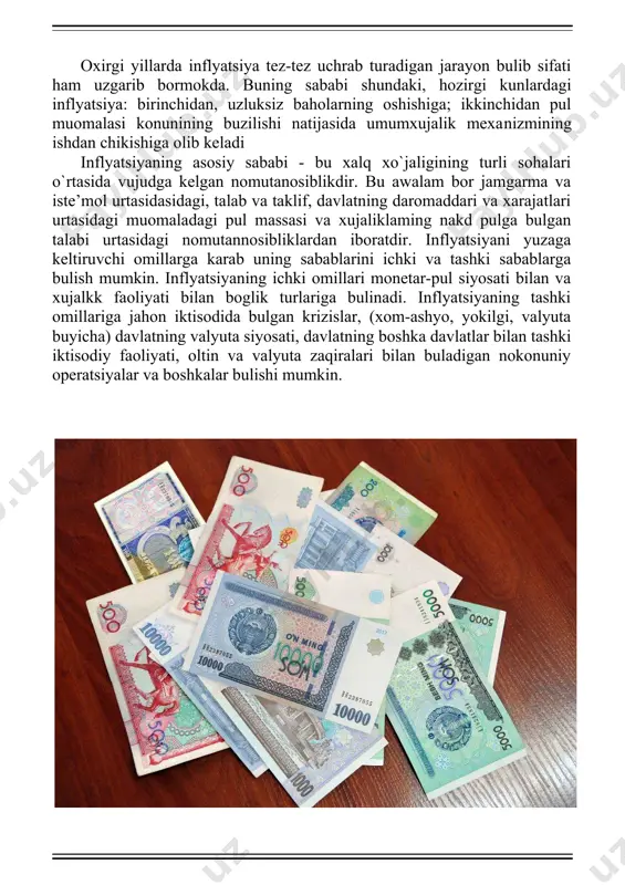 ol o'rtasidasidagi, talab va taklif, davlatning daromaddari va xarajatlari o'rtasidagi muomaladagi pul massasi va xo'jaliklarning naqd pulga bulgan talabi o'rtasidagi nomutannosibliklardan iboratdir. inflyatsiyani yuzaga keltiruvchi omillarga qarab uning sabablarini ichki va tashki sabablarga bo'lish mumkin. inflyatsiyaning ichki omillari monetar-pul siyosati bilan va xo'jalik faoliyati bilan bog'liq turlariga bo'linadi. inflyatsiyaning tashqi omillariga jahon iqtisodida bo'lgan krizislar, (xom-ashyo, yoqilg'i, valyuta bo'yicha) davlatning valyuta siyosati, davlatning boshqa davlatlar bilan tashqi iqtisodiy faoliyati, oltin va valyuta zaxiralari bilan bo'ladigan noqonuniy operatsiyalar va boshqalar bo'lishi mumkin. inflyatsiya quyidagi shakllarda namoyon bo'ladi: -tovar va xizmatlar bahosining uzluksiz va tartibsiz o' sib borishi natijasidapulning qadrsizlanishi va uning sotib olish qobiliyatining tushib borishi; -chet el valyutasiga nisbatan milliy valyuta kursining tushib ketishi; inflyatsiya davrida baholarning oshishi doim bir xil sur’atlarda bo'lmasdan, sakrab turadigan bo'lishi mumkin. lekin, ba’zi tovarlar bahosining tushishi yoki barqaror bo'lib turishi xx asming inflyatsiyasi uchun mos deb to'liq ishonch bilan uqtira olmaymiz. ba’zida davlat aralashuvi …
