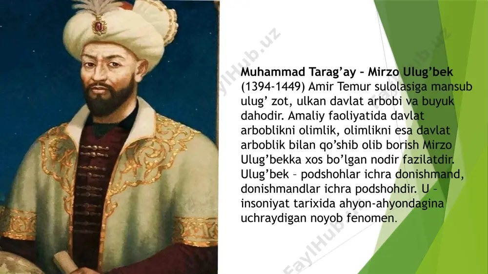 sidan aytayotganim yo’q. haqiqat shuki, avvalo u kishim qur’oni karimning aksariyat qismini yoddan biladilar. tafsirlarni va mufassarlarning har bir oyat haqidagi so’zlarini aqlda saklaydilar va yoddan biladilar, arabchada g’oyat yaxshi yozadilar. shuningdek, u kishim fiqhdan xabardorlar: mantiq ma’nolariniig bayoni va usullaridan ham xabardorlar». amir temur nabirasi ulug’bekda, eng avvalo, insonparvarlik, adolat va dilovarlik fazilatlari bo’lishini istagan. zotan, insonparvargina sahiy va adolatli bo’lishi mumkin. ulug’bek nafaqat o’zi mansub millatning, ayni paytda butun insoniyatning ham faxridir. ulug’bekday farzandi bo’lgan xalq har qancha faxrlansa arziydi. o’z tomirlarimizda ulug’bek qoni oqayotganligidan, ruhimizda ul muborak zotning ruhi barhayotligidan baxtiyormiz. “mirzo ulug’bek o’z umrini kelajak uchun, bugungi hayot uchun fido etdi. o’sha uzoq zamonlarda bashariyat taraqqiyotini o’ylab yashadi, o’z avlodlari asrlar osha tartib etajak ma’rifatli bir jamiyatni orzu qildi. har qanday millat ham ulug’bekday farzandni tarbiya etgani uchun g’ururlanishi tabiiy holdir. chunki bunday insonlar faqat o’z xalqiga emas, balki umumbashariy tsivilizatsiya uchun ham xizmat qiladi va …