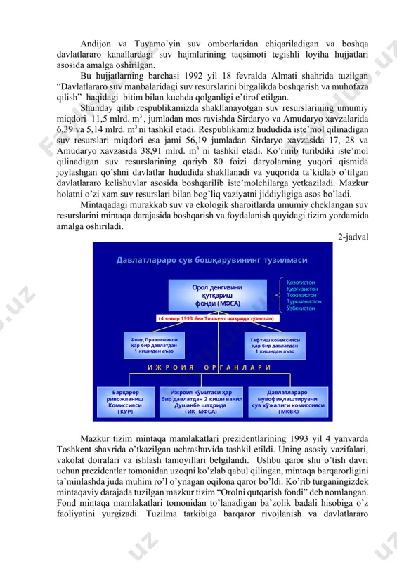 intaqa mamlakatlari prezidentlarining 1993 yil 4 yanvarda toshkent shaxrida o’tkazilgan uchrashuvida tashkil etildi. uning asosiy vazifalari, vakolat doiralari va ishlash tamoyillari belgilandi. ushbu qaror shu o’tish davri uchun prezidentlar tomonidan uzoqni ko’zlab qabul qilingan, mintaqa barqarorligini ta’minlashda juda muhim ro’l o’ynagan oqilona qaror bo’ldi. ko’rib turganingizdek mintaqaviy darajada tuzilgan mazkur tizim “orolni qutqarish fondi” deb nomlangan. fond mintaqa mamlakatlari tomonidan to’lanadigan ba’zolik badali hisobiga o’z faoliyatini yurgizadi. tuzilma tarkibiga barqaror rivojlanish va davlatlararo muvofiqlashtiruvchi suv komissiyasi xamda fondning ijro qo’mitasi kiradi. ushbu tizim ichida suv resurslari masalalari bilan bevosita shug’ullanuvchi organ davlatlararo muvofiqlashtiruvchi suv komissiyasi (mkvk) bo’lib, uning tuzilmasi quyidagilardan iborat yuqoridagi holatlarga nisbatan o’zbekiston o’z pozisiyasiga ega bo’lib, bu haqda dunyoning eng yuqori minbarlaridan turib ochiq bildirib kelmoqda. jumladan o’zbekiston prezidenti i.karimov bu haqda birlashgan millatlar tashkilotining ming yillik maqsadlariga bag’ishlangan sammitidagi so’zida ham batafsil to’xtalib o’tdi. jumladan, sobiq sovet davrida rogun suv omboridan amudaryo suvini ko’p yillik boshqaruvini …