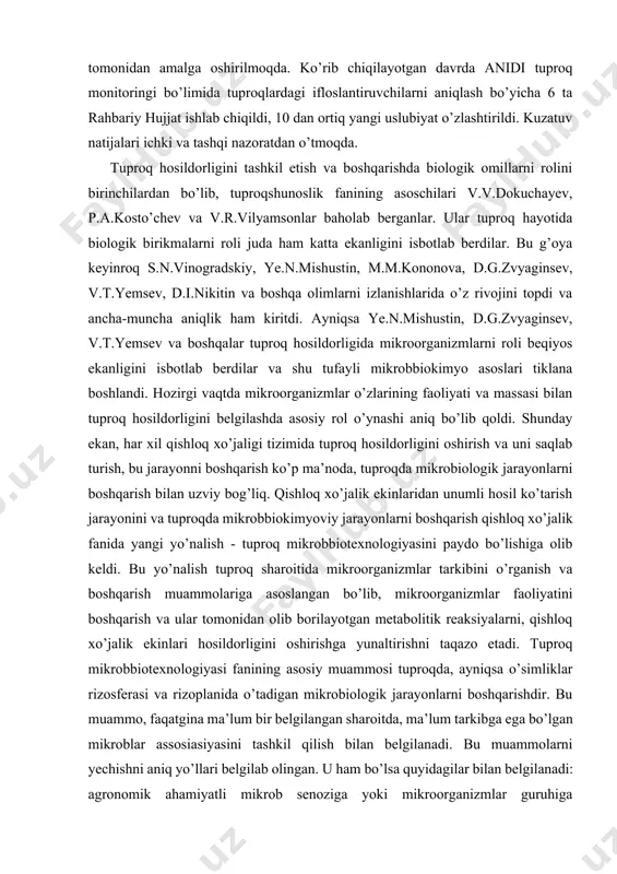 mikrobbiotexnologiyasini paydo bo’lishiga olib keldi. bu yo’nalish tuproq sharoitida mikroorganizmlar tarkibini o’rganish va boshqarish muammolariga asoslangan bo’lib, mikroorganizmlar faoliyatini boshqarish va ular tomonidan olib borilayotgan metabolitik reaksiyalarni, qishloq xo’jalik ekinlari hosildorligini oshirishga yunaltirishni taqazo etadi. tuproq mikrobbiotexnologiyasi fanining asosiy muammosi tuproqda, ayniqsa o’simliklar rizosferasi va rizoplanida o’tadigan mikrobiologik jarayonlarni boshqarishdir. bu muammo, faqatgina ma’lum bir belgilangan sharoitda, ma’lum tarkibga ega bo’lgan mikroblar assosiasiyasini tashkil qilish bilan belgilanadi. bu muammolarni yechishni aniq yo’llari belgilab olingan. u ham bo’lsa quyidagilar bilan belgilanadi: agronomik ahamiyatli mikrob senoziga yoki mikroorganizmlar guruhiga tashqaridan turib ta’sir qilishni boshqarish, ya’ni ularni ko’payishi, o’sishi, rivojlanishi va o’simlik uchun zarur bo’lgan ffm (antibiotiklar, fitogarmonlar va o’simlikni o’sishini boshqaruvchi boshqa moddalar va x.k.) ishlab chiqarishini tashkil qila bilish; tuproqda mikroblarni o’sishi va rivojlanishini ta’minlovchi o’simliklar ishtirokida almashlab ekishni tashkil qilish va shu tufayli mikrobbiokimyoviy jarayonlarni boshqarish; tuproqda mikrobbiokimyoviy jarayonlarni boshqarishda organik vamineral o’g’itlardan oqilona foydalanish;tuproq miroorganizmlarini azot yutish va fosforli …