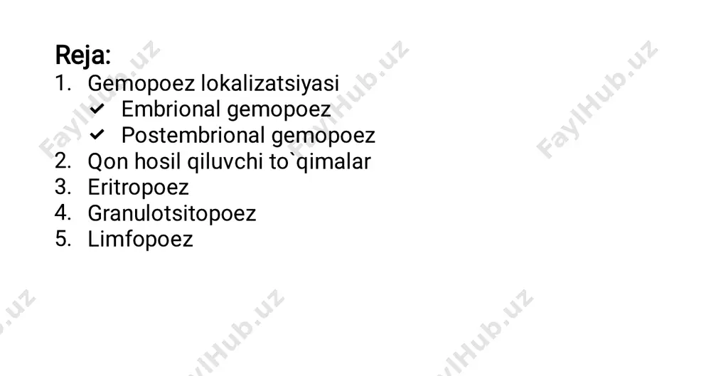 spektri kamayadi   timus qizil suyak ko`migidan t- limfotsitlar shu yerga ko`chadi antigenga bog`liq bo`lmagan yetilish shu yerda amalga oshadi     limfa tuguni va taloq avval: bu yerlarda barcha turdagi shaklli elementlar shakllanadi limfa tugunida – 15-haftagacha taloqda – tug`ilguncha keyin: ular b va t limfotsitlarning antigenga bog`liq yetilishiga javobgar bo`ladi   qizil suyak ko`migi barcha qon hujayralari shakllandi(t- limfotsitlar bundan mustasno) ontogenezning keyingi davrlarida 3- avlod stvol hujayralari saqlanadi voyaga yetganda qon hosil bo`luvchi a`zolar      markaziy organlar qizil suyak ko`migi g`ovak suyak moddasining katakchalarida joylashgan(naysimon suyaklarning esa epifezida) bolalarda naysimon suyaklarning diafizida ham bo`ladi(20 yoshdan keyin sariq ilikka almashadi) qizil ilik yarim suyuq konsistensiyali massasi 3-3.5 kg         timus to`sh suyagi ortida joylashgan massasi 14-15 yoshgacha maksimal – 35-40gr 20yoshdan kamayadi timusda t limfotsitlar yetilishi yakunlanadi t limfotsitlar proliferatsiyasi yetuk t-limfotsitlar elinminatsiyasi …