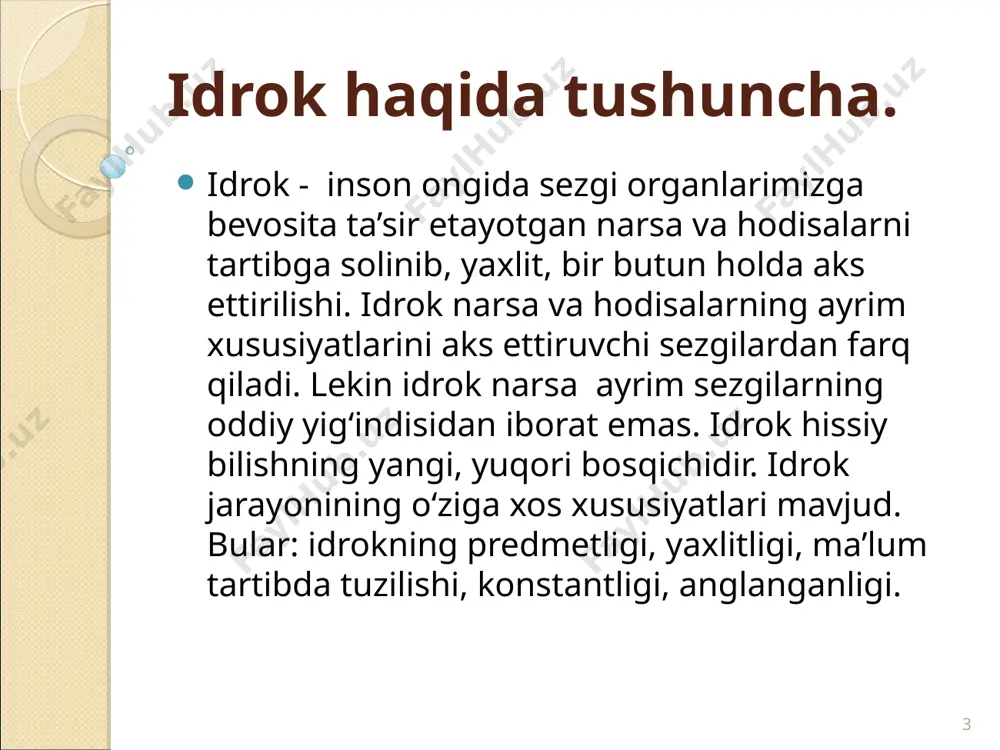 izimimiz bo‘layotgan o‘zgarishlarni to‘g‘rilash, tiklash qobiliyatiga ega. * har bir idrok tarkibiga kishining o'tmishda hosil qilingan bilim va tajribalari kiradi. biz bunday shakl buyumlarni ilgari juda ko'p marta ko'rganmiz. ular haqida muayyan bilimlarimiz bor. shuning uchun bu shakllardagi yetishmagan joylarni o'sha bo'limlardan olib qo'shamiz va bir butun aks ettiramiz. demak, idrok jarayoniga xotira faoliyati qo'shiladi. * idrok tarkibiga xayol tasavvurlari kiradi. masalan: derazadagi qirovni idrok qilib, tropik o'rmon yoki gullarga o'xshatish, kesib olingan daraxt to'nkasini idrok qilib biror yovvoyi hayvonga o'xshatish, osmondagi para-para suzib oq bulutlarni idrok qilib, to’plab kuyilgan paxtaga o'xshatish va boshqalar. * idrokning anglanganligi. ma’lumki idrok qo‘zg‘atuvchining retseptorlarga bevosita ta’siri natijasida yuzaga kelsa ham, biroq pertseptiv obrazlar hamma vaqt ma’lum ma’noga ega bo‘ladi. odamning idroki tafakkur bilan, narsaning mohiyatini tushunish bilan mustahkam bog‘liqdir. narsani ongli idrok qilish – uni fikran atash degan ma’noni anglatadi. biz idrok kilayotgan narsalarimiz haqidagi ma’lumotlarni o‘zimizga tanish bo‘lgan narsalarga o‘xshashligini aniqlashga, biror …