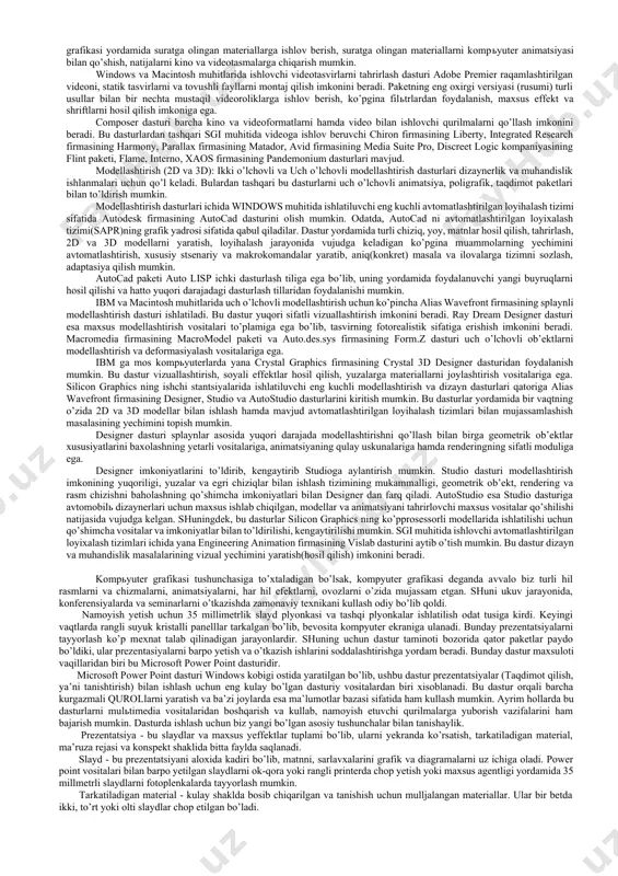 hi chekkadagi sust kuzatuvchi rolini bajarmasdan, balki u yerda avj olayotgan hodisalarda faol ishtirok etadi; shu bilan birga muloqat foydalanuvchi uchun odatlangan tilda birinchi navbatda tovushli va videoobrazlar tilida bo’lib o’tadi[7]. mulьtimedia – bu kompьyuter texnologiyasining turli xil fizik(dvd-plaer, proektr, ovoz eshitish qurilmasi vf b.)va dasturiy (km-player, studio-9., auto play va b.)resurslardan foydalanib ma’lum ko’rinishga ega bo’lgan (matn, grafika, rasm, tovush, animatsiya, video) yoki turli xil tashuvchilarda mavjud bo’lgan (magnit va optik disklar, audio- va video-lentalar va h.k.) axborotdan foydalanish bilan bog’liq tushuncha hisoblanadi. mulьtimedianing texnik vositalariga vazifalariga ko’ra quyidagi turlarga bo’lib o’rganish mumkin: ma’lumotlarni audio – (nutqli) kiritish va chiqarish qurilmalari; mikrafon, turli eshitish qurilmalari(kalonka, naushnik) ma’lumotlarni ko’rsatish – raqamli tasvir va video axborotlarni foydalanuvchiga ko’rsatuvchi qurilmalar; - monitor, proektor qurilmalari, video karta qurilmasi video va grafik ma’lumotlarni kiritish qurilmalari – raqamli video kamera, raqamli foto kamera, tv-tyuner, modem. mulьtimedia vositalariga yuqori ishonch bilan ko’pincha tovushli va videoma’lumotlarni yozish …