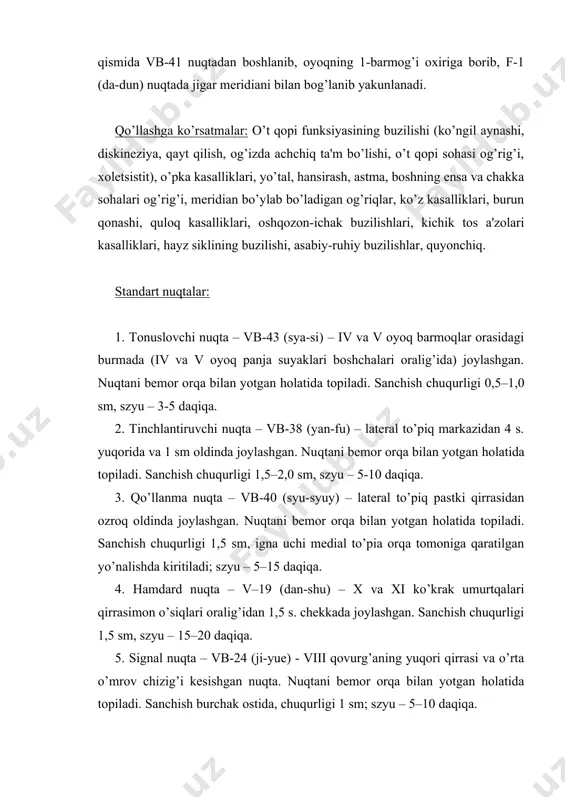v chizig’i kesishgan nuqta. nuqtani bemor orqa bilan yotgan holatida topiladi. sanchish burchak ostida, chuqurligi 1 sm; szyu – 5–10 daqiqa. 6. mo’'tadillovchi nuqta (lo-punkt) – vb-37 (guan-min) – kichik boldir suyagining old qirrasida, lateral to’piq markazidan 5 s. yuqorida, oyoq barmoqlarini yozuvchi uzun va kichik boldir qisqa mushaklari oralig’ida joylashgan. sanchish chuqurligi 2 sm, szyu – 3–7 daqiqa. 7. og’riqni qoldirish nuqtasi – vb-36 (vay-syu) – kichik boldir suyagining old qirrasida, lateral to’piqdan 7 s. yuqorida, oyoq barmoqlarini yozuvchi va uzun kichik boldir mushaklari oralig’idagi chuqurlikda joylashgan. sanchish chuqurligi 1 sm, szyu – 5–10 daqiqa. 13-rasm. xi o’t pufagi meridiani (vb) va uning nuqtalari: 1 – tun-szi-lyao; 2 – tin-xuey; 3 – shan-guan; 4 – xan-yan; 5 – syuan-lu; 6 – syuan-li; 7 – syuy-bin; 8 – shuay-gu; 9 – tyan-chun; 10 – fu-bay; 11 – tou-syao-in; 12 – van-gu; 13 – ben-shen; 14 – yan-bay; 15 – tou-lin-si; …