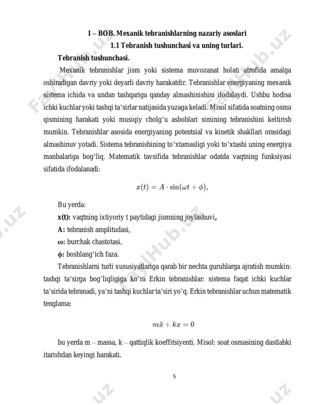 hodisalariga asoslanadi. tez- tebranuvchi asboblar jarrohlik operatsiyalarida qo’llaniladi. matematik modellashtirish tebranishlarni tushunish va ularni boshqarishda asosiy vositalardan biridir. quyidagi maxsus ko’rinishdagi tenglamalar tebranishlarni tahlil qilishda keng qo’llaniladi: tebranish tenglamalarini chiziqli yechish: oddiy garmonik tebranishlarni yechish uchun sinusoidal yoki kosinusoidal funksiyalar qo’llaniladi: differensial tenglamalar orqali model yaratish: masalan, amortizatsiyalangan sistema uchun tenglama: 8 tebranish va to’lqinlar bir-biriga bog’liq. masalan, sim bo’ylab tarqalayotgan tebranishlarni ifodalash uchun to’lqin tenglamasi qo’llaniladi: tebranishlarni chuqurroq tasniflash uchun quyidagi yangi xususiyatlar keltiriladi: deterministik: oldindan matematik ravishda aniq ifodalanuvchi tebranishlar. masalan, osma harakati. stokastik: tasodifiy tabiatga ega bo’lgan tebranishlar. masalan, zilzila natijasida hosil bo’lgan yer tebranishlari. lineer va chiziqli bo’lmagan tebranishlar: lineer tebranishlar oddiy tizimlar uchun qo’llaniladi. chiziqli bo’lmagan tebranishlar murakkab sistemalar (masalan, kimyoviy reaktorlar yoki biologik sistemalar) uchun xosdir. tebranishlarni amalda o’rganish uchun quyidagi tajribalar muhimdir:  matematika laboratoriyasi: tebranishlarning matematik modellarini kompyuter dasturlari yordamida yaratish va grafik tahlil qilish.  fizika laboratoriyasi: osma, buloq va boshqalar …