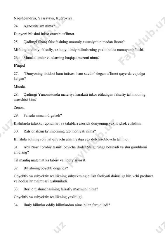 degan dono fikrlarning muallifi qaysi javobda tòĝri keltirilgan? abdulla avloniy. 37. deizm falsafasining tub mohiyatini anglatuvchi belgi nimadan iborat? tabiat-“dunyoviy ruh”ning hosilasi ekanligini e'tirof etadi lekin tabiatning keyingi rivojlanishi tabiiy qonunlar orqali ròy beradi deb hisoblovchi ta'limot. 38. falsafiy dunyoqarash bu? dunyoni, aqliy jihatidan mantiqiy, izchil, umumlashtirib turuvchi nazariy qarashlar tizimidir. 39. aristotel falsafasidagi moddiy olam tòrtta unsurdan tarkib topadi deganda nimalarni kòzda tutgan edi? yer suv olov havo 40. falsafiy kategoriya tushunchasini birinchi izohlagan faylasuf kim? arastu kategoriyalar kitobida. 41. kishining òz òziga bòlgan munosabatlarida nima belgilovchi rol òynaydi? òz òzini anglash. 42. absolyut haqiqat nima? predmet va hodisalar tòĝrisidagi fan-texnika taraqqiyotining keyingi bosqichlarida inkor etish mumkin bòlmagan bilimlar. 43. mifologik dunyoqarash-bu? ijtimoiy taraqqiyotning boshlanĝich bosqichiga xos bòlgan insonning olam haqidagi tasavvurlarini obrazlarda naql rivoyat va afsonalar orqali ifodalanishidir. 44. islom dunyosida shakllangan ikkita falsafiy oqim nomlarini aniqlang? mòtaziylar va mutakallimlar. 45. ini'kosning oliy shakli nima? ong. 46. mòtaziylar …