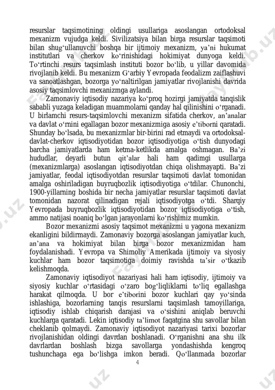 ‘sir o‗tkazib kelishmoqda. zamonaviy iqtisodiyot nazariyasi hali ham iqtisodiy, ijtimoiy va siyosiy kuchlar o‗rtasidagi o‗zaro bog‗liqliklarni to‗liq egallashga harakat qilmoqda. u bor e‘tiborini bozor kuchlari qay yo‗sinda ishlashiga, bozorlarning tanqis resurslarni taqsimlash tamoyillariga, iqtisodiy ishlab chiqarish darajasi va o‗sishini aniqlab beruvchi kuchlarga qaratadi. lekin iqtisodiy ta‘limot faqatgina shu savollar bilan cheklanib qolmaydi. zamonaviy iqtisodiyot nazariyasi tarixi bozorlar rivojlanishidan oldingi davrdan boshlanadi. o‗rganishni ana shu ilk davrlardan boshlash bizga savollarga yondashishda kengroq tushunchaga ega bo‗lishga imkon beradi. qo‗llanmada bozorlar 5 rivojlanishidan oldingi davr yozuvchilari tomonidan ko‗tarilgan savollarning ko‗pchiligi zamonaviy iqtisodiy ta‘limot istiqbolini belgilab beruvchi kengroq falsafiy hamda axloqiy masalalar bilan bog‗liqligi to‗g‗risida ma‘lumotlar keltirilgan. jamiyatning resurslarni taqsimlashda qaysi mexanizmdan foydalanishidan qat‘iy nazar tanqislikning achchiq haqiqati ba‘zilarning istaklari qondirilmay qolishini talab etadi, shu sababli tenglik, adolatlilik va haqqoniylik masalalari tanqislik muammosi bilan birga keladi. resurslar taqsimoti mexanizmlari resurslarni kim olishi va kim olmasligini belgilab beradi. 6 i bob. iqtisodiy ta‟limotlar tarixi fanining …