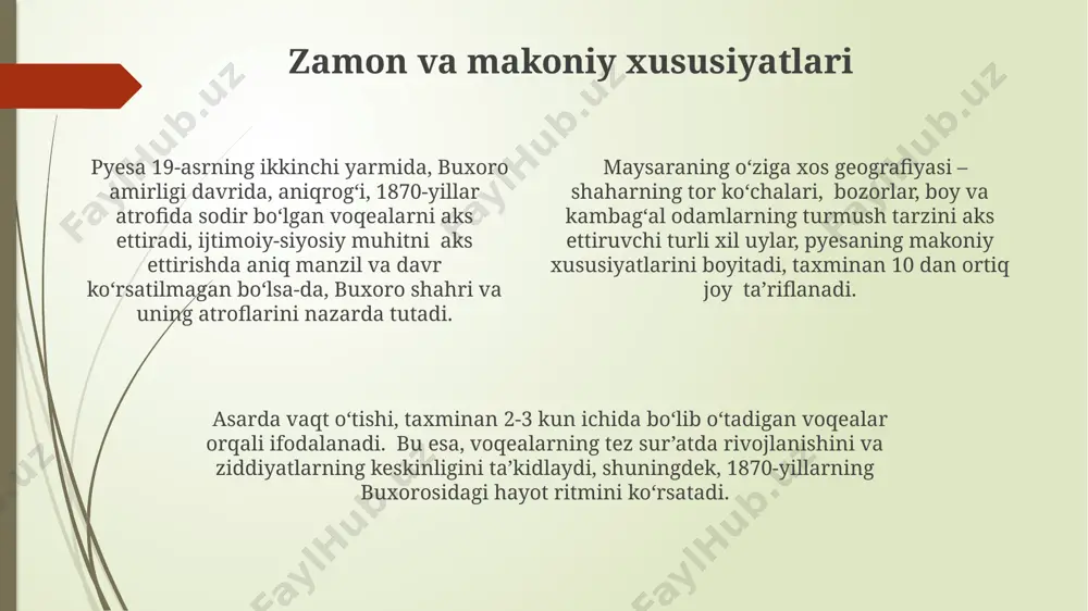 n boshlab oʻrganila boshlangan boʻlib, toshkentdagi oliy oʻquv yurtlarida adabiyot kursi doirasida tahlil qilinadi. "maysaraning ishi"ning til va uslub jihatidan oʻziga xosligi, 50 dan ortiq ilmiy maqola va monografiyalarda tahlil qilingan va hozirgi kunda ham tadqiqot ob'ekti boʻlib qolmoqda. "maysaraning ishi" asari 20-asr oʻzbek dramatiyasining rivojlanishida muhim oʻrin egallab, 3 ta asosiy mavzu – ijtimoiy adolatsizlik, inson qadri va milliy oʻzlikni ifoda etadi. til va uslub xususiyatlari pyesada zamonaviy va anʼanaviy til elementlarining uygʻunligi kuzatiladi, jumlalar uzunligi oʻrtacha 15-25 soʻz oraligʻida boʻlib, obrazlilik va his-tuygʻularni ifoda etishda metafora va taqqoslash kabi badiiy vositalar faol ishlatilgan. hamzaning "maysaraning ishi" asarida 19-asr oxiri – 20-asr boshlariga xos boʻlgan xalq ogʻzaki ijodining 30 dan ortiq elementlari, masalan, maqol va hikoyalar, samarqand shevasining oʻziga xos xususiyatlari bilan uygʻunlashgan holda qoʻllanilgan. asarda buxoro va samarqand viloyatlarining dialektal xususiyatlarini aks ettiruvchi 7 dan ortiq soʻz va iboralar uchraydi, bu esa pyesaga mahalliy rang-baranglik bagʻishlaydi va oʻsha …