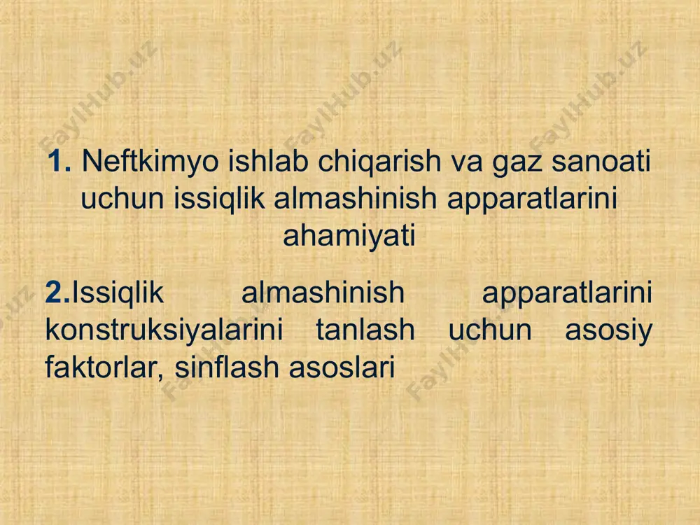лари, суюлтирилган тузлар, суюқ металлар ва уларнинг қотишмалари) киради. оддий ҳароратгача (10÷30с) совитиш учун сув ва ҳаво каби совитувчи агентлар кенг ишлатилади. иссиқлик алмашиниш ускуналарида иссиқликни бериш ёки олиш учун қўлланиладиган агентларни танлашда уларнинг қуйидаги хоссаларига аҳамият берилади: 1. керакли муҳитни иситиш ёки совитиш даражаси ва уни бошқариш имконияти; 2) минимал массавий ва ҳажмий сарфларда юқори иссиқлик алмашиниш тезлигига эришиш; 3) қовушоқлиги кам, зичлик, иссиқлик сиғими ва буғ ҳосил бўлиш иссиқлиги юқори; 4) ёнмайдиган, заҳарсиз, иссиқликка чидамли бўлгани маъқул; 5) иссиқлик алмашиниш ускунаси тайёрланган материални бузмаслиги керак; 6) камёб бўлмаслиги ва арзон бўлиши зарур. саноатда иссиқлик алмашиниш жараёнлари қуйидаги мақсадлар учун олиб борилади: 1) жараён ҳароратини берилган даражада ушлаб туриш; 2) совуқ маҳсулотларни иситиш ёки иссиқ маҳсулотларни совитиш; 3)буғларни.конденсациялаш; 4) эритмаларни қуюқлаштириш. бу жараёнлар алоҳида олинган иссиқлик алмашиниш ускуналарида ёки технологик ускуналарнинг ўзида амалга оширилади. иссиқлик алмашиниш ускуналари умуман олганда иккига бўлинади: иссиқлик алмашиниш ускуналарининг ўзи ва реакторлар. иссиқлик алмашиниш …