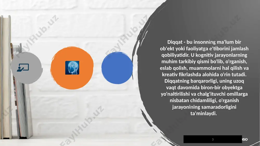psum dolor sit amet, consectetur adipiscing elit 12 4. uxlash va dam olish diqqatni barqaror saqlash uchun yaxshi uyqu va dam olish zarurdir. yaxshi uyqu miya hujayralarining yangilanishini ta'minlaydi va o'rganilgan ma'lumotlarni mustahkamlashga yordam beradi. bu esa o'rganish jarayonining samaradorligini oshiradi. 12 13 5. qiziqarli va dolzarb mavzularni tanlash o'rganish mavzulari qiziqarli va shaxsiy qiziqishlarga mos bo'lsa, diqqatni barqarorlashtirish osonlashadi. shaxsiy qiziqishlar diqqatni yo'naltirishni osonlashtiradi va motivatsiyani oshiradi. 13 14 xulosa diqqatning barqarorligi o'rganish jarayonining samaradorligini oshiruvchi muhim omil hisoblanadi. uzluksiz va to'g'ri yo'naltirilgan diqqat, yangi ma'lumotlarni o'zlashtirish, xotira va konsentratsiyani yaxshilashga yordam beradi. diqqatni barqarorlashtirish uchun meditatsiya, jismoniy mashqlar, vaqtni to'g'ri boshqarish, yaxshi uyqu va qiziqarli mavzularni tanlash kabi usullar samarali bo'lishi mumkin. diqqatni barqaror qilish uchun muvozanatli yondashuv va muntazam mashqlar zarur, chunki bu nafaqat o'rganish, balki hayotning boshqa sohalarida ham muvaffaqiyatga erishishga yordam beradi. 14 e'tiboringiz uchun rahmat! image5.png image1.jpg image3.png image6.png image7.svg image8.png image9.jpg image10.jpg image11.jpg …
