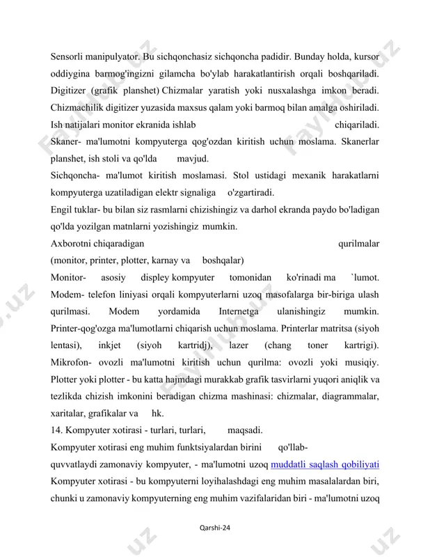 -biriga ulash qurilmasi. modem yordamida internetga ulanishingiz mumkin. printer-qog'ozga ma'lumotlarni chiqarish uchun moslama. printerlar matritsa (siyoh lentasi), inkjet (siyoh kartridj), lazer (chang toner kartrigi). mikrofon- ovozli ma'lumotni kiritish uchun qurilma: ovozli yoki musiqiy. plotter yoki plotter - bu katta hajmdagi murakkab grafik tasvirlarni yuqori aniqlik va tezlikda chizish imkonini beradigan chizma mashinasi: chizmalar, diagrammalar, xaritalar, grafikalar va hk. 14. kompyuter xotirasi - turlari, turlari, maqsadi. kompyuter xotirasi eng muhim funktsiyalardan birini qo'llab-quvvatlaydi zamonaviy kompyuter, - ma'lumotni uzoq muddatli saqlash qobiliyati kompyuter xotirasi - bu kompyuterni loyihalashdagi eng muhim masalalardan biri, chunki u zamonaviy kompyuterning eng muhim vazifalaridan biri - ma'lumotni uzoq vaqt saqlash qobiliyatini qo'llab-quvvatlaydi. kompyuterning normal ishlashiga imkon beradigan asosiy elementlaridan biri bu xotira. barcha shaxsiy kompyuterlarda uch xil xotira ishlatiladi: operatsion, doimiy va tashqi (har xil saqlash moslamalari). kompyuterning ichki xotirasi u ishlaydigan axborotni saqlash joyidir. tashqi xotira (har xil disklar) axborotni uzoq vaqt saqlashga mo'ljallangan shaxsiy kompyuterlarda …