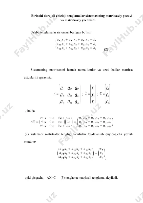 chun uchinchi tartibli minorlardan biri determinant bo`lib, u a matritsaning birinchi, ikkinchi, uchinchi satrlarini va birinchi, ikkinchi, uchinchi ustunlarini ajratishdan hosil bo`ladi. ikkinchi tartibli minorlardan biri, masalan, determinant bo`ladi. matritsaning elementlarining o`zlarini birinchi tartibli minor deb qarash mumkin. matritsaning minorlaridan ba`zilari nolga teng, ba`zilari noldan farqli bo`lishi mumkin. matritsaning rangi deb, uning noldan farqli minorlari tartiblarining eng kattasiga aytiladi. agar a matritsaning rangi r ga teng bo`lsa, bu narsa a matritsada hech bo`lmaganda bitta noldan farqli r- tartibli minor borligini, biroq, r dan katta tartibli har qanday minor nolga tengligini r(a) bilan belgilaymiz. ushbu matritsani qaraymiz: uning yagona to`rtinchi tartibli minori nolga teng: (bitta satrning barcha elementlari nolga teng bo`lsa, determinant sifatida), uchinchi tartibli minorlaridan biri esa noldan farqli , masalan, demak, berilgan matritsaning rangi uchga teng, ya`ni r(a)=3. matritsaning rangini hisoblashda ko`p sondagi determinantlarni hisoblashga to`g`ri keladi. bu ishni osonlashtirish uchun maxsus usullardan foyadalaniladi. bu usullarni bayon qilishdan oldin …