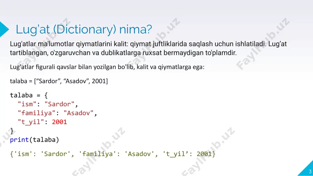 kalit so'z (va qiymatni) o'chiramiz print(talaba_0) {'ism': 'murod olimov', 'yosh': 20, 't_yil': 2000} {'ism': 'murod olimov', 't_yil': 2000} 12 lug’atlar bilan ishlash uzung lug'atlarni bir necha qatorga bo'lib yozishimiz ham mumkin. keling quyidagi misolni ko'ramiz, siz do'stlaringizdan ular qanday telefon ishlatishini so'radingiz va javoblarni bitta lug'atga joylamoqchisiz: telefonlar = { 'ali':'iphone x’, 'vali':'galaxy s9’, 'olim':'mi 10 pro’, 'orif':'nokia 3310’ } demak, lug'atni qatorga bo'lib yozish uchun katta qavs ochamiz, yangi qatordan joy tashlab, birinchi klit so'z va qiymatni kiritamiz, qator oxirida vergul qo'yib, yangi qatordan keyingi juftlikni yozamiz va hokazo. oxirgi juftlikdan so'ng vergul qo'ymasdan qator tashlab, katta qavsni yopamiz. 13 lug’atlar bilan ishlash .get() metodi biz shu vaqtgacha lug'atdagi qiymatlarni ko'rish uchun to'g'ridan-to'g'ri kalit so'z orqali murojat qilayotgan edik. bu usulning kamchiligi shundaki, agar lug'atda siz so'ragan kalit topilmasa, dastur keyerror xatoligi bilan to'xtab qoladi. phone = telefonlar['ali’] print(f"alining telefoni {phone}") alining telefoni iphone x 14 lug’atlar bilan ishlash …