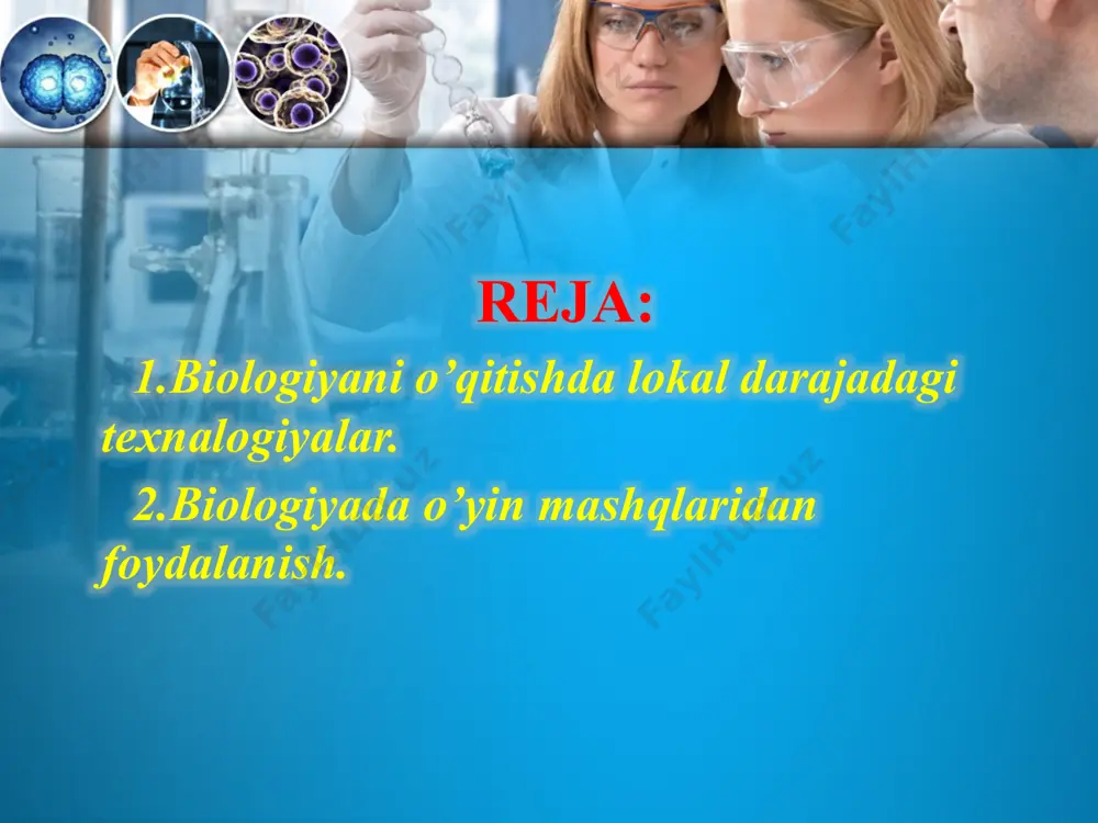 da darsning bir qismida foydalanilganligi sababli,lokal texnalogiyalar guruxiga kiritish maqsadga muofiq. bunda o’quvchilarning kichik guruh a’zolaridan og’zaki xolda atamalarni ketma-ket avvalgilarini takrorlagan xolda mazmuni va moxiyatiga ko’ra o’zaro bog’liq xolda yangi atama qo’shishi talab etiladi.guruhning birinchi ishtirokchisi bitta atama bilan boshlagan o’yin yakunida guruh azolari soniga teng atamalar zanjiri vujudga keladi.ikkinchi bosqichda mazkur atamalarga ta’rif berish va ularni izoxlash talab etadi. biologiyani o’qitishda,boshqa didaktik o,yinlar bilan bir qatorda o’yin mashqlardan o’z o’rnida va samarali foydalanish maqsadga muofiq. “kuzatuvchanlik mashqi” o’qtuvchi o’quvchilarga bir yoki ikkita o’simlikning rasmini ko’rsatadi.o’quvchilar xotiralarida saqlanib qolgan belgilarni daftarga yozadilar.5-sinf o’quvchilari o’simlikning nomini,xayotiy shaklini,ildiz turini,o’t yoki yog’och poya ekanini,bargining oddiy yoki murakkabligini,ko’payish usuli kabi belgilarini yozadilar. 6-sinf o’quvchilari esa yuqorida berilganlarga qo’shimcha yuksak yoki tuban o’simlik,bo’limi,sinfi,oilasi,guli,mevasining turi,yashash joyi va boshqalarni yozadilar.eng ko’p va to’g’ri javob bergan o’quvchiga rag’bat beriladi. “domino” mashqi.doskaga ikki o’quvchi chaqiriladi.ulardan biri doskaga biror biologik atamani yozadi.ikkinchi o’quvchi atama qaysi xarf bilan tugagan bo’lsa …