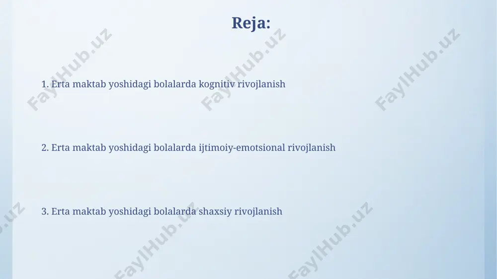 rivojlanishi va nutq 8 ёшгача болаларда эшитиш хотираси яхши ривожланади, бу эса уларнинг шеърларни, ҳикояларни осонгина ёд олишларига ва 20-30 та сўзни такрорлашларига ёрдам беради, масалан, самарқанддаги тажрибали мутахассисларнинг кузатувларига кўра. 6-7 ёшли болаларда сўз бойлиги 5000 гача сўзни ташкил этиши мумкин бўлиб, бу уларнинг мураккаб гапларни тузиш ва фикрларини аниқ ифодалашига имкон беради, айниқса, тошкент шаҳридаги мактабгача таълим муассасаларида. oila va tengdoshlar bilan munosabatlar ўзбекистоннинг қишлоқ жойларидаги болаларда тенгдошлар билан муносабатлар кўпинча оилавий анъаналар ва маҳалла муҳити таъсирида шаклланади, бунда 70% га яқин ҳолатларда ҳамкорлик кузатилади. 6-7 ёшли болалар ўртасидаги ўзаро муносабатларда рақобат ва ҳамкорликнинг мувозанати муҳим аҳамият касб этади, хусусан, тошкент шаҳридаги мактабларда кузатилган тадқиқотлар буни тасдиқлайди. kognitiv rivojlanish: fikrlash va mulohaza yuritish 6-7 ёшли болаларда конкрет операциялар даври бошланиб, предметларни турли жиҳатларидан таҳлил қилиш, масалан, ранги ва шаклини алоҳида ҳисобга олиш қобилияти ривожланади. бу пиаже назариясига кўра, швейцариядаги тадқиқотларига асосланади. 8-9 ёшли болалар эса, бир вақтнинг ўзида …