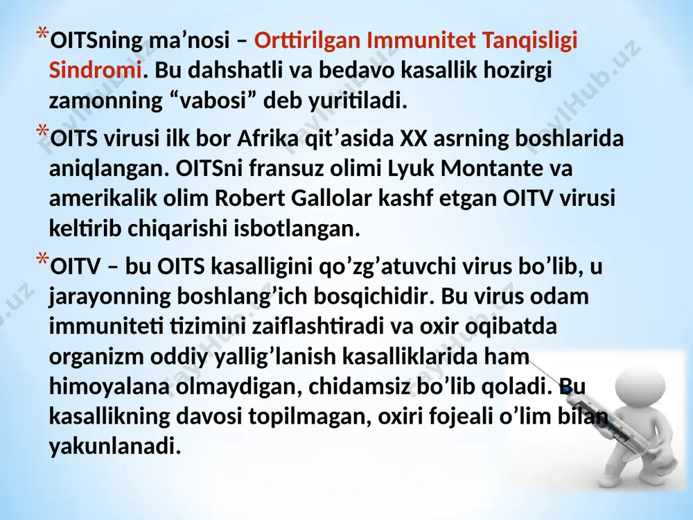 sa, uning yuqori qismida toshmalar paydo boʻlishi mumkin. bu alomatlar odam organizmiga tushgan virus taʼsiriga immunitet tizimi maʼlum darajada javob qaytarish reaksiyasi bilan bogʻliq. lekin bu davrda antitelolarni aniqlash natija bermaydi, chunki immunitet tizimining javobi hali toʻliq shakllanmagan boʻladi. kasallikning bu davri 8—10 y.gacha, baʼzan undan ham uzoq davom etishi mumkin. hoz. kunda amaliyotda oitv infeksiyasi tashhisini qoʻyish qonda kasallik virusiga qarshi paydo boʻlgan antitelolarni aniqlash — immun ferment taxlili (ift) reaksiyasiga asoslangan. dastlabki antitelolar virus organizmga tushgach, 3 haftadan soʻng shakllana boshlasa ham, qoʻllanadigan diagnostikumlar ularni ilgʻay olmaydi. shu bois, odamga ushbu infeksiya ilashgani toʻgʻrisida virus organizmga tushganidan soʻng 90 kun oʻtkazib olingan tek-shirish natijasiga qarab xulosa chiqarish mumkin. oiv yuqqandan so'ng, oits kasalligining belgilari kishining yashash sharoiti va immunitetiga qarab, 3 - 5 yil, ba'zida undan ham ko'proq vaqt o'tgach namoyon bo'ladi. oiv yuqqan vujudda har xilhujayralarga, ko'proq cd4+t qon hujayralariga yerlashib ko'payadi. zarar ko'rgan cd4+t hujayralari kamayib …
