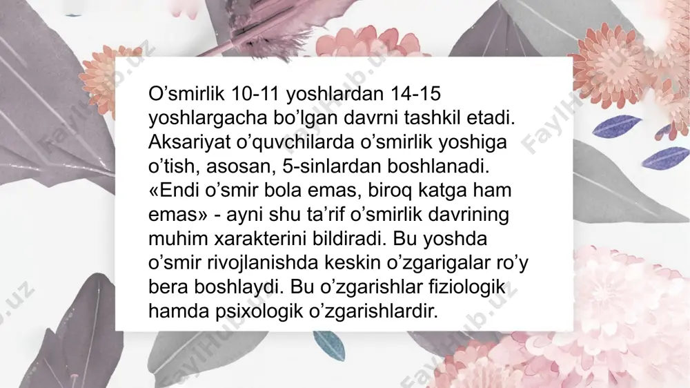 izmdagi o’zgarishlar bevosita o’smir endokrin sistemasiniig o’zgarishlari bilan bog’liqdir. 01. add title here o’smirlar o’zlarini kattalardek tutishga harakat qiladilar. ular o’zlarining layoqat, qobiliyat va imkoniyatlarini ma’lum darajada o’rtoqlari va o’qituvchilariga ko’rsatishga intiladilar. bu holatni oddiy kuzatish yo’li bilan ham osongina ko’rish mumkin, o’smirlik yoshiga xos bo’lgan psixologik xususiyatlarni o’rgana turib, o’smirlar shaxsining shakllanib, rivojlanib, kamolotga erishish yo’llarini va unga ta’sir etadigan biologik va ijtimoiy omillarning bevosita ta’sirini tushunish mumkin. 01. add title here o’smirlik davri «o’tish davri», “krizis davr”, «qiyin dayar» kabi nomlarni olgan psixologik ko’rinishlari bilan xarakterlanadi. chunki, bu yoshdagi o’smirlarning xatti-harakatida muqobil, yangi sharoitlarda o’z o’rnini topa olmaganligidan psixik portlash hollari ham kuzatiladi. o’z davrida l.s, vigotskky bunday holatni «stenik rivojlanishdagi krizis» deb nomlagan. o’smirlik yoshida ularning xulq-atvoriga xos bo’lgan alohida xususiyatlarni jinsiy yetilishning boshlanishi bilan izohlab bo’lmaydi. jinsiy yetilish o’smir xulq-atvoriga asosiy biologik omil siatida ta’sir ko’rsatib, bu ta’sir bevosita emas, balki ko’proq bilvositadir o’smirlik davriga ko’pincha …