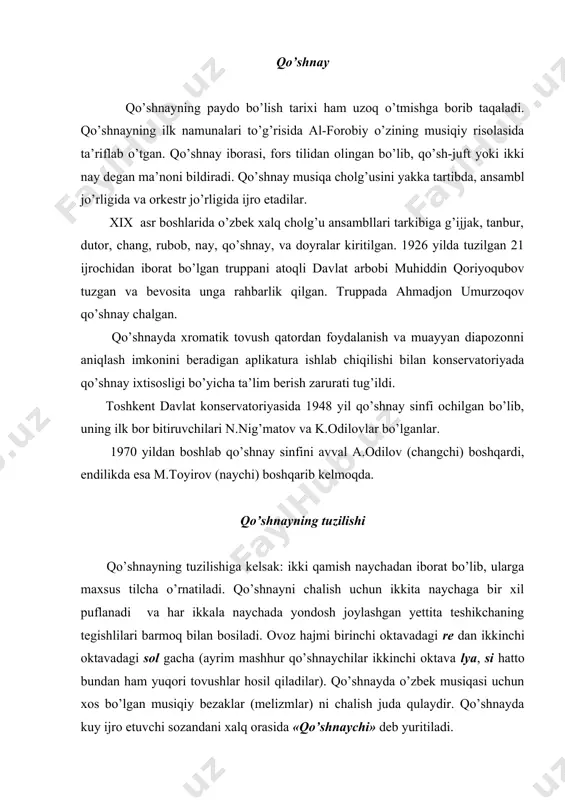 ikkinchi respublika maqom ijrochilari konkursining sovrundori birinchi mukofot), bahrom sobirov (1945 yil tug’ilgan «bahor» ansamblining sozandasi) yo’ldosh tojiyev (1960 yil) urgenchda o’qituvchi va boshqalar. karnay karnay-qadimiy damli ya’ni puflab chalinadigan musiqa cholg’ular guruhiga kiradi. karnayning tuzilishi asosan ikki, uch bo’lakdan iborat bo’ladi. uzunligi esa ikki metrdan ortiqroq, puflab chalinadigan qismi oxirida mayda teshikcha bor. karnay cholg’u ijrosida tovushlar sekunda intervaliga o’xshaydi va ikki xil intervaldan hosil bo’lgan tuvushlar chiqadi. karnayda asosiy tovushdan yuqori sof kvinta yoki kichik septima intervali chalinadi. karnay ijrosi asosan bayramlarda, tantanali marosimlar, sayillarda, to’y-hashamlarda, surnay va nog’ora ba’zan esa doyra jo’rligida chalinadi. karnayning ovozi juda baland bo’ladi, shu sababli bo’lsa kerak, «navro’z» bayramlari va har xil mavsumiy sayillarda xalqni yig’ilishlarga chorlaydi. karnay musiqa asbobida kuy ijro etadigan sozanda «karnaychi» deb yuritiladi. balabon. bo’laman balabon, bolaman-qadimiy o’zbek halq cholg’u asboblaridan hisoblanadi. ushbu cholg’uning ham paydo bo’lish tarixi uzoq qadimiy davrlarga borib taqaladi. o’rta osiyoning qadimiy xorazm vohasida …