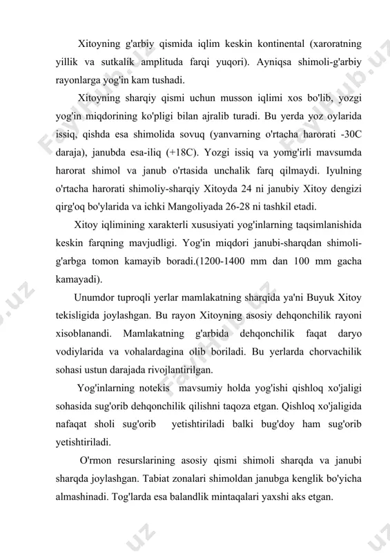 sadida demografik siyosat dasturi e'lon qilindi. mamlakatda oilani rivojlantirish siyosati o'z samarasini bera boshladi. (ayniqsa shaharlarda). mamlakatda 1993 yillarda har ming kishiga hisoblaganda tug'ilish 19 kishiga o'lim esa 6,4 kishiga, tabiiy ko'payish esa jahonning o'rtacha ko'rsatkichidan kam 11,5% ni tashkil etdi. xitoy aholisi tarkibi yosh (umumiy aholining 30%ini 15 yoshgacha bo'lganlar tashkil etadi). mamlakatda ko'p sonli mehnat resurslari mavjud biroq so'nggi yillarda sanoat rivojlangan bo'lasada ularning katta qismi qishloq xo'jaligida band. mamlakat bo'yicha va chetga mehnat resurslarining migrasiyasi yuqori. xitoydan tashqarida ya'ni chet elda 60 mln kishi yashamoqda. ular tayvanda (21mln), gonkongda (6 mln) janubi-sharqiy osiyo-indoneziya, malayziya, taylandda, singapurda yashaydi. aqsh da 13 mln etnik xitoylar yashaydi. biroq xorijiy xitoyliklar nafaqat son jihatdan, balki sifat jixatdan ham katta mavqega ega. masalan: xitoyda bir yilda 650 mlrd dollarlik miqdorda yalpi ichki mahsulot ishlab chiqarilsa, (1,2 mlrd aholi). bu vaqtda 60 millionlik xorijiy xitoyliklar esa yiliga 450 mlrd dollar qiymatida tovar va …