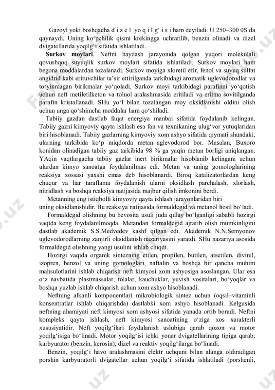 i, n–geptan esa standart yomon yoqilg‘i etaloni sifatida qabul qilingan. tarkibida 70 % izooktan bor aralashma motorda sinalayotgan benzin kabi yonsa, unda bu benzinning «oktan soni» 70 deb belgilanadi. shartli ravishda izooktanniig «oktan soni» 100, n– geptanning oktan soni 0 deb qabul qilingan. ko‘pchilik benzinlarning oktan soni 50 bilan 70 orasida bo‘lib ularning oktan sonini 2 xil yo‘l bilan oshirish mumkin: - benzinga ba’zi moddalar qo‘shilsa, u bir me’yorda yonadi. bu xil moddalardan t e t r a e t i l q o‘ r g‘ o sh i n ( s 2 n 5 ) 4 r b keng ko‘lamda qo‘llanadi. tetraetilqo‘rg‘oshindan benzinga 0,2–0,8 ml/l miqdorda qo‘shilgakda benzinning oktan soni 80 gacha oshishi mumkin. bunday benzin e t i l l a n g a n b e n z i n deb ataladi. - benzinning oktan sonini oshirish maqsadida u izomerlanadi, ya’ni benzindagi tarmoqlangan zanjirli birikmalar miqdori oshiriladi. …