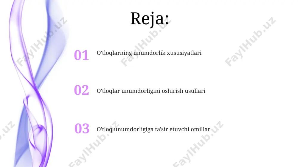 ysidagi o'tloqlar, yiliga 4-5 marta o'rim qilish imkonini beradi, bu esa unumdorlikni ancha oshiradi. tog'li hududlarda, balandligi 2000 metrdan yuqori bo'lgan joylarda, o'tloqlarning unumdorligi sezilarli darajada pasayadi va 1 gektar maydondan atigi 0,5-1 tonna o't olish mumkin. o'tloqlarning degradasiyasi va unumdorlik surxondaryo viloyati o'tloqlarining 40% da eroziya jarayonlari kuchayib, o'simlik qoplami 70% ga kamayganligi, shuningdek, tuproq unumdorligining sezilarli darajada pasayishiga olib kelgan. to'g'ri o'tlatish tizimining yo'qligi va suv resurslarining 30% kamayishi natijasida, buxoro viloyatining o'tloqlarida 1 gektarga 1,5 sentnerdan kam hosil olish kuzatiladi. iqlim sharoiti va o'tloqlarning unumdorligi farg'ona vodiysidagi unumdor tuproqlarda, to'g'ri sug'orish tizimi bilan, 50% ga yaqin o'simlik turlarini o'z ichiga olgan aralash o'tloqlar gektariga 8-10 tonnadan ortiq hosil berishi mumkin. qashqadaryo viloyatining qurg'oqchil iqlim sharoitida, yillik yog'ingarchilik 200 mm atrofida bo'lganda, o'tloqlarning unumdorligi sezilarli darajada pasayadi va atigi 2-3 tonna yashil massa hosil qilinadi. o'tloqlarning regeneratsiyasi o'tloqlarning o'z-o'zini tiklash qobiliyati turli xil o'simlik turlarining mavjudligiga bog'liq bo'lib, …