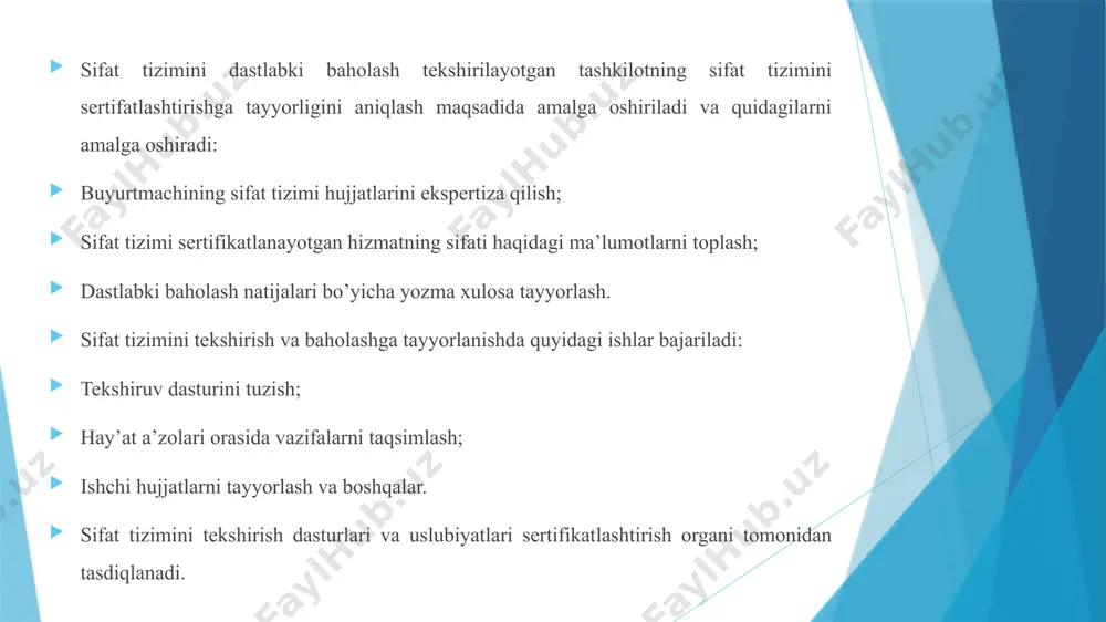 rining sifat nazorati bo’limlari; idoralararo sifat nazorati berilgan vakolatlar va amaldagi qonunchilik doirasida mahsulot sifatini idoralararo nazorati quyidagilar tomonidan amalga oshirilishi mumkin: davlat savdo inspektsiyasining savdo, ta’minot va savdo bo’linmalari va boshqa tashkilotlarni nazorat qiluvchi organlari mijozlar (ishlab chiqarish korxonalaridagi mijozlarning vakillari); iste’molchilar (ularning jamiyatlari, uyushmalari, uyushmalari va boshqalar). nomlangan nazorat sub’ektlarining har biri sifat nazoratining o’ziga xos turiga ega bo’lib, u boshqa turlardan quyidagi jihatlari bilan farq qiladi: tekshiruvlarning asosiy yo’nalishlari va aniq vazifalari; mahsulotlar (ishlar, xizmatlar) sifatini monitoring qilish uchun mavjud vositalar va usullarning mavjudligi; nazorat joyi va vaqti; oʻzbekiston respublikasi prezidentining "oʻzbekiston standartlashtirish, metrologiya va sertifikatlashtirish agentligi faoliyatini takomillashtirish chora-tadbirlari toʻgʻrisida‖gi pq-2935-sonli qarori. toshkent, 2017 yil 28 aprel. oʻz dst iso 9712:2013. квалификация и сертификация персонала неразрушающего контроля. (iso 9712:2012, idt) узбекское агентство стандартизации, метрологии и сертификации. ташкент – 2013. гост 16504-81. «система государственных испытаний продукции. испытания и контроль качества продукции. основные термины и определения». u.a.maxmonov, u.o.amirqulov. …