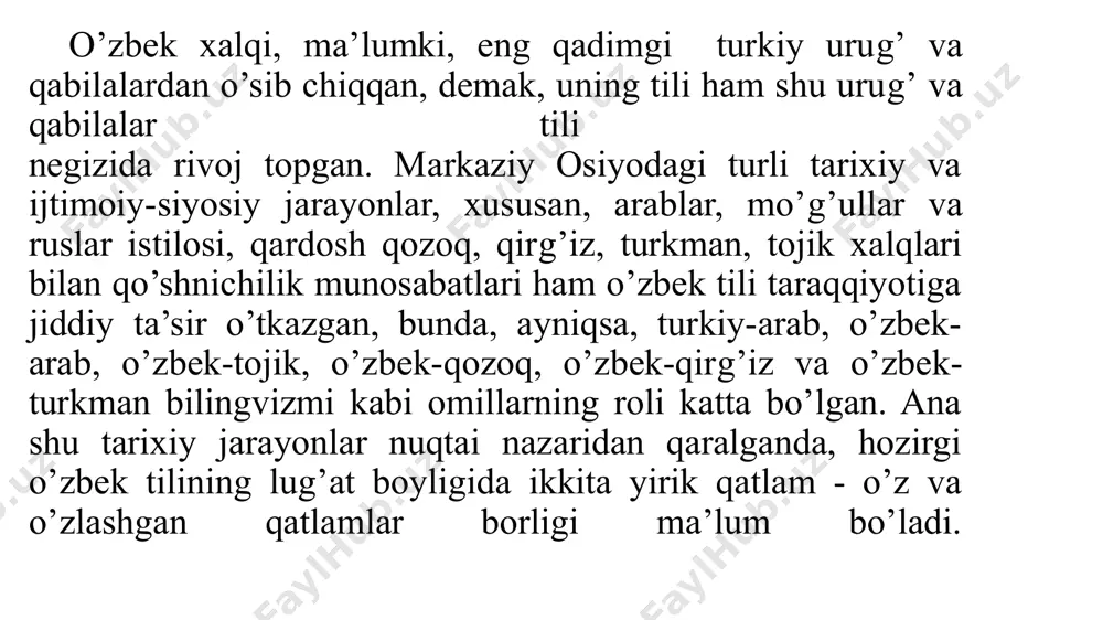 ng ishlatilishi tilimizda ma’lum bir yangi so‘zlarning paydo bo‘l`ishiga sabab bo‘l`adi va bu turdagi so‘zlar guruhi o‘zlashma so‘zlar deyiladi. o‘z qatlam deganda aslan shu tilniki bo‘lgan so‘zlar va shular asosidagi yasalishlar, shuningdek o‘z affiks bilan boshqa til so‘zlaridan yasashlar tushuniladi. o‘z qatlamga xos so‘zlar bilan o‘zlashgan qatlamga xos so‘zlarni o‘zaro farqlash hamma vaqt yengil bo‘lavermaydi. bularni o‘zaro farqlashda so‘zning semantik, morfologik, fonetik belgilarini hisobga olib ish ko‘riladi. semantik belgilari: umumturkiy so‘zlarning aksariyati ko‘p ma’nolidir: bosh - 1.“odamning boshi”; 2.“ko‘chaning boshi”; 3.“ishnimg boshi”. morfologik belgilari: 1) umumturkiy so‘zlar hozirgi o‘zbek tilining barcha so‘z turkumlarida uchraydi; 2) turlanadi va tuslanadi; 3) o‘zak va affiks morfemalar erkin va standart bo‘ladi: ko‘zim, ko‘zing,ko‘zi; 4) so‘z tarkibida prefikslar qo‘llanmaydi. fonetik struktura jihatdan o‘z qatlamiga xos so‘zlarning asosiy belgilari deb quyidagilarni ko‘rsatish mumkin: 1. o‘zbekcha tub negizlar asosan bir bo‘g‘inli va ikki bo‘g‘inli bo‘ladi; uch bo‘ginli tub negizlar juda oz. 2. bir bo‘g‘inlilarda “undosh+unli+undosh” tipi asisiy …