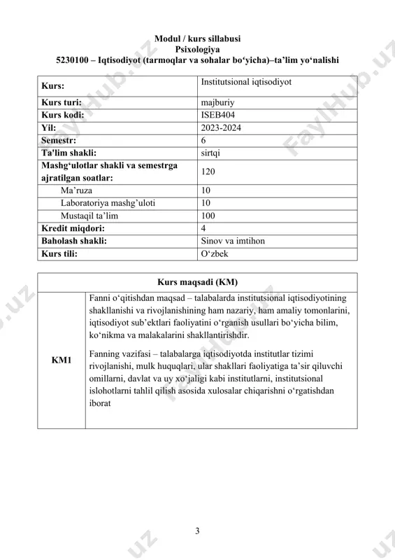 mashg‘ulotlar shakli: ma'ruza (m) soat м1 institutsional nazariyalarning paydo bo‘lishi va rivojlanishi. institutlar va ularning jamiyat rivojlanishidagi roli. o‘yinlar nazariyasi va o‘zaro hamkorliklarni modellashtirish. 2 м2 reja va bozor institutlari.transaksiya va transformatsiya xarajatlari hamda ularni tahlil qilishga nisbatan yondashuvlar. xufyona iqtisodiyot. 2 м3 mulk huquqlari nazariyasi va mulkchilik shakllari rivojlanishining evolyusiyasi. mamlakatni modernizatsiya qilish sharoitida institutsional islohotlar.shartnomalar nazariyasi. 2 м4 firma nazariyasi. tashkilotni amaliy tahlil qilish nazariyasi.firmaning tashkiliy-huquqiy shaklini tahlil qilish. 2 м5 davlat institutsional tashkilot sifatida. davlatlar xillari. uy xo‘jaligi va uning xillari. rivojlanishning institutsional nazariyasi va innovatsiya turlari. 2 jami 10 mashg‘ulotlar shakli: amaliy mashg‘ulot (a) a1 institutsional nazariyalarning paydo bo‘lishi va rivojlanishi. institutlar va ularning jamiyat rivojlanishidagi roli. o‘yinlar nazariyasi va o‘zaro hamkorliklarni modellashtirish. 2 a2 reja va bozor institutlari.transaksiya va transformatsiya xarajatlari hamda ularni tahlil qilishga nisbatan yondashuvlar. xufyona iqtisodiyot. 2 a3 mulk huquqlari nazariyasi va mulkchilik shakllari rivojlanishining evolyusiyasi. mamlakatni modernizatsiya qilish sharoitida institutsional islohotlar.shartnomalar …