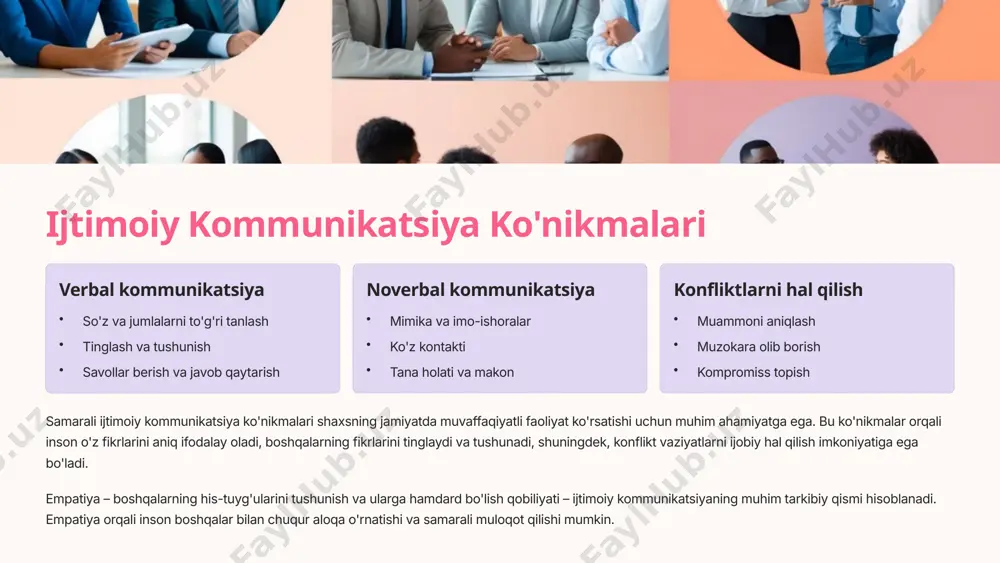 oshqa obro'li shaxslar bilan o'zlarini aynanlashtiradilar. ijtimoiy o'rganish nazariyasiga ko'ra, inson yangi xulq-atvor modellarini kuzatish va model olish orqali o'rganadi. bu mexanizm orqali inson ijtimoiy xulq-atvor me'yorlarini va ko'nikmalarini o'zlashtiradi, bu esa uning jamiyatda muvaffaqiyatli faoliyat ko'rsatishi uchun muhim ahamiyatga ega. 7 ijtimoiy hulq-atvorning shakllanishi 40% genetik omillar tug'ma xususiyatlar va temperament ijtimoiy xulq-atvorga ta'sir ko'rsatadi 60% ijtimoiy muhit oila, maktab, tengdoshlar va jamiyat ta'siri 75% moslashuvchanlik ko'pchilik odamlar turli ijtimoiy vaziyatlarga moslasha oladi ijtimoiy xulq-atvorning shakllanishida individual xususiyatlar muhim rol o'ynaydi. har bir inson o'ziga xos temperament, qobiliyat va shaxsiy xususiyatlarga ega bo'lib, bular uning ijtimoiy muhitga moslashishi va ijtimoiy munosabatlar o'rnatishiga ta'sir ko'rsatadi. ijtimoiy muhit omillari – oila, maktab, tengdoshlar guruhi, ommaviy axborot vositalari va madaniyat – shaxsning ijtimoiy xulq-atvorini shakllantirishda muhim rol o'ynaydi. bu omillar orqali inson jamiyatda qabul qilingan me'yorlar, qadriyatlar va xulq-atvor modellarini o'rganadi. ijtimoiy xulq-atvor dinamik jarayon bo'lib, vaqt o'tishi bilan o'zgarib boradi. yangi …