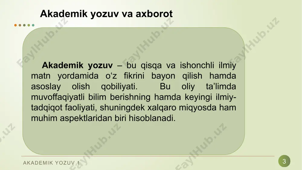 iyalari vositalari yordamida axborotni taqdim etish, qabul qilish, saqlash, unga ishlov berish, uzatish usullarini, ya’ni axboriy jarayonlarni va axborot texnologiyalari vositalarining faoliyat ko‘rsatish tamoyil- larini, ularni boshqarish usullarini sistemali ravishda o‘rganuvchi fandir. akademik yozuv 1 14 informatikada analog (uzluksiz) va raqamli (diskret) axborotlar ishlatiladi. inson sezgi a’zolari analog (uzluksiz) axborot bilan ish ko‘rishga moslashgan bo‘lsa, hisoblash texnikasi esa raqamli (diskret) axborot bilan ishlaydi. akademik yozuv 1 foydalanilgan adabiyotlar 15 1. n. jiyanova, o. mo‘ydinova. nutq madaniyati. – t.: “ilm ziyo zakovat”, 2019. 221 b. 2. xolmonova z. adabiy tildan ma’ruzalar umumlashmasi-t.: «o‘zbekiston», 2013, 250 b. 3. qo‘ng‘urov r., begmatov e., tojiyev yo. nutq madaniyati va uslubiyat asoslari, - t.: “fan”, 1992, 254b. 4. husanov.n., rasulov, mo‘ydinov q. nutq madaniyati va notiqlik san`ati .-t.: “iqtisod-moliya”, 2006. 5. м. ахмедова. нутқ маданияти ва профессионал нотиқлик. тату, 2017, 114б. 6.м. аминов, а. мадвалиев, н.махкамов, н маҳмудов. иш юритиш (амалий қўлланма). тошкент, 2017 й …