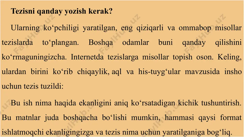 niq natijalarini tasvirlab bering, masalan, konstruktsiyadan foydalanib: “o‘rganish davomida ... aniqlandi”. tadqiqot usullarini tavsiflashda, subyektlar qanday mezonlarga ko‘ra tanlanganligini, tadqiqot necha bosqichdan iboratligini, qanday shaklda o‘tkazilganligini qayd etish mumkin. bularning barchasini keraksiz tafsilotlar (tadbirning joyi va shartlari, guruhlarning tarkibi va boshqalar) va ahamiyatsiz so‘zlar bo‘lmasdan 1-2 jumlaga qo‘yish kerak. namuna : tadqiqot metodologiya (metodikaning nomi) yordamida o‘tkazildi: qimorga qaramlik darajasi yuqori bo‘lgan 30 tanlangan talabalarga muallifning so‘rovnomasidan savollar berildi. tezislarni tayyorlashdagi xatolar xulosa yozishda tez-tez uchraydigan xato – bu aniq tuzilmaning yo‘qligi. bu yondashuv shuni ko‘rsatadiki, muallif o‘z tadqiqotining bir qismini uning asosiy parametrlarini ko‘rsatmasdan, qisqartirilgan shaklda taqdim etadi yoki asarning ba’zi qoidalarini bir -biriga hech qanday bog‘lamasdan olib tashlaydi. ikkinchi xato – haddan tashqari preambula. ba’zi tezislar mualliflari tadqiqotning o‘ziga tegmasdan, mavzu yoki muammoning dolzarbligini shakllantirishga juda katta e’tibor berishadi. shu bilan birga, tadqiqot natijalari ilmiy dunyoda birinchi navbatda qiziqish uyg‘otadi. uchinchi xato haddan tashqari murakkab iboralar bilan bog‘liq. …