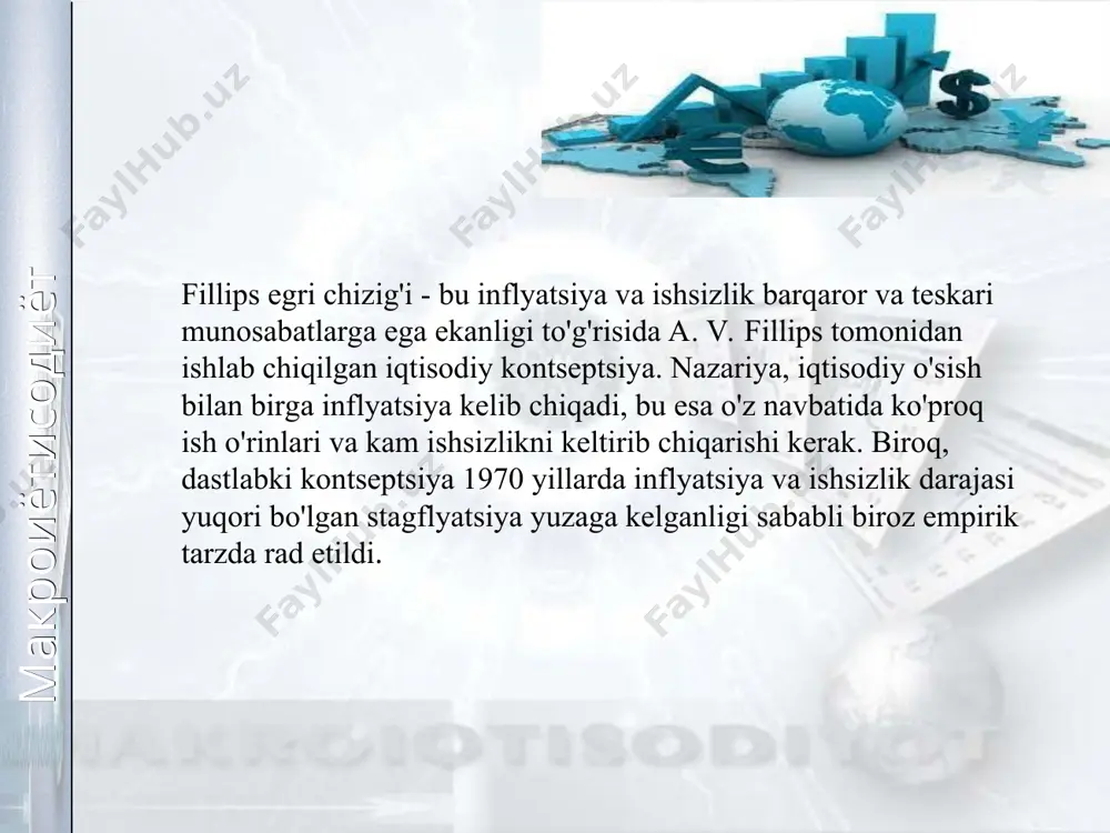 un takror ishlab chiqarish mexanizmining kasali, makroiqtisodiy buzilishlar natijasidir. narxlarning o’sishi, pul birligi xarid qobiliyatining pasayishidan tashqari inflyatsiya namoyon bo’lishining quyidagi uch belgisi ham bor. bular: valyuta kururslarining o’zgarishi; kredit berish shartlarining qimmatlashuv va muddatlarining qisqarishi tomon o’zgarishi; kundalik ehtiyoj mollaridan iborat iste’mol savati narxsining o’sishi. 6 5 мавзу. жами талаб ва жами таклиф модели макроиётисодиёт inflyatsiya 13 дан * слайд inflyatsiya – narxlar o’rtacha (umumiy) darajasining nisbiy o’zgarishi (o’sishi) deflyatsiya – narxlar o’rtacha (umumiy) darajasining pasayishi agar iqtisodiyotda tovarlar va xizmatlar massasi yalpi talabga nisbatan sekinroq o’ssa, yoki yalpi talab ko’paygani holda o’zgarmasdan tursa, bu nomutanosiblik narxlar darajasining ko’tarilishi orqali bartaraf etiladi. oqibatda pul birligining xarid qobiliyati pasayadi va milliy iqtisodiyotning qo’shimcha pul massasiga ehtiyoji paydo bo’ladi. 5 мавзу. жами талаб ва жами таклиф модели макроиётисодиёт inflyatsiy o’lchanishi 8 iste’mol narxlar indeksi yordamida ini 0 – o’tgan yilning narxlar indeksi ini1 – joriy yilning narxlar indeksi «70-miqdor qoidasi» deb …